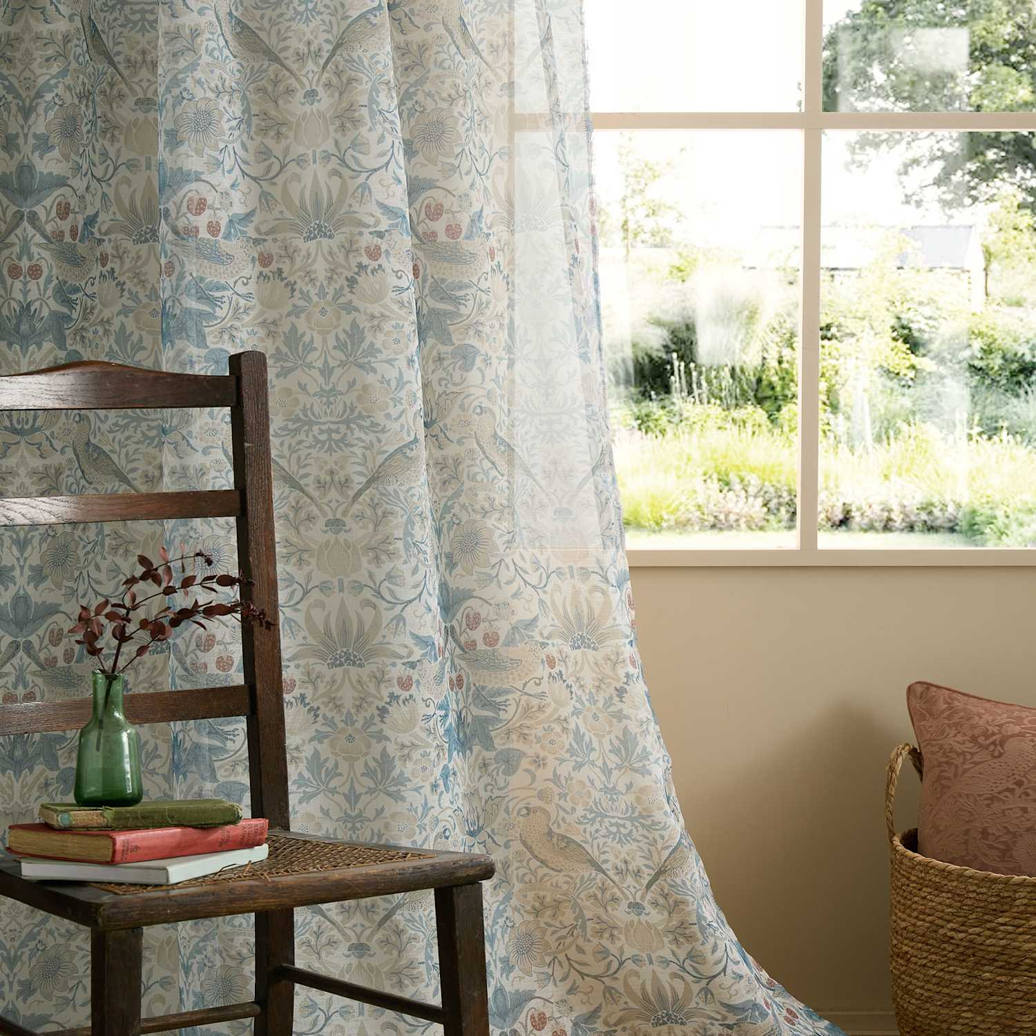 William Morris At Home Strawberry Thief Voile Panel Curtains - W135cm, Drop 137cm - Blue Mix - Available at M&S