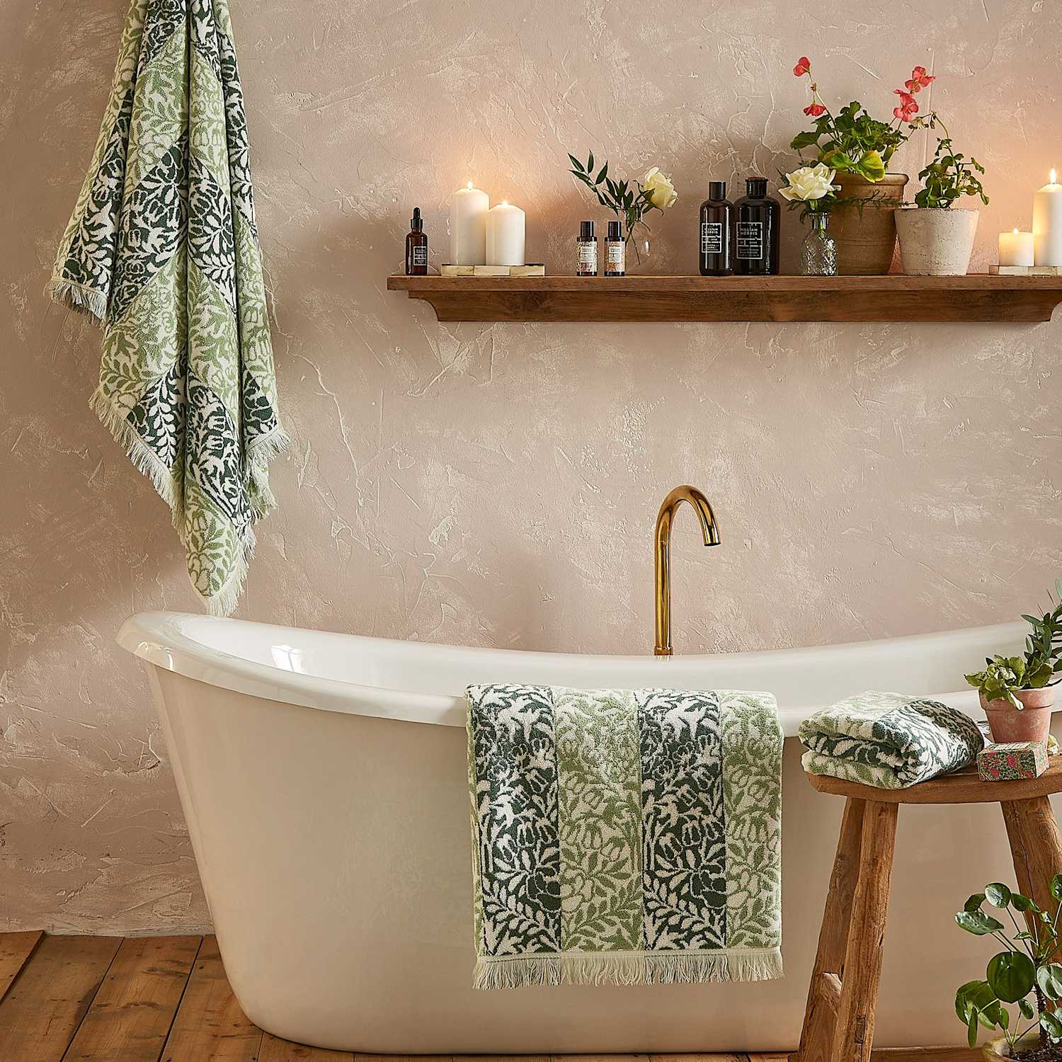 William Morris At Home Pure Cotton Striped Floral Towel - Bath Sheet - Green Mix - Available at M&S