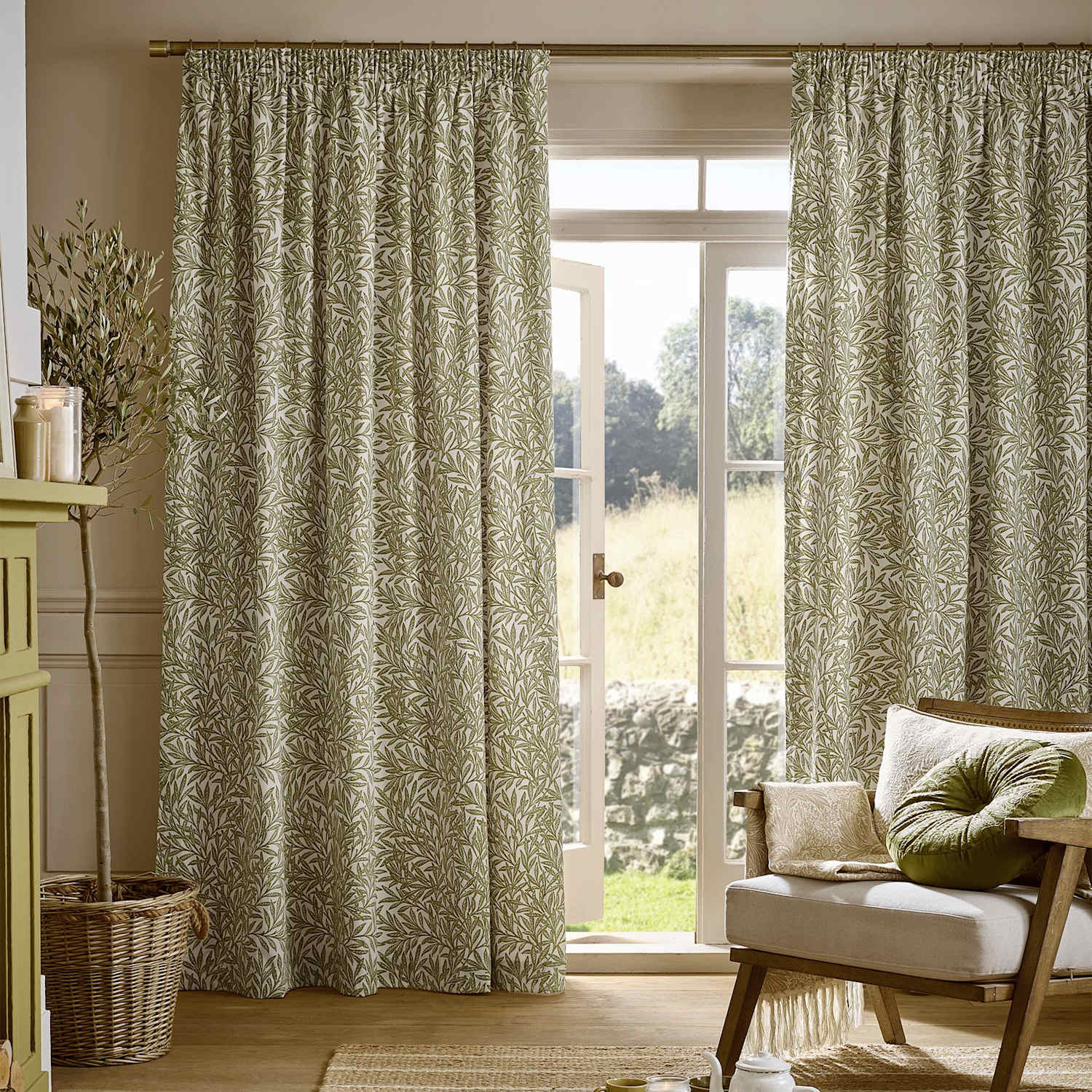 William Morris At Home Original Willow Pencil Pleat Curtains - W229cm, Drop 229cm - Green Mix - Available at M&S