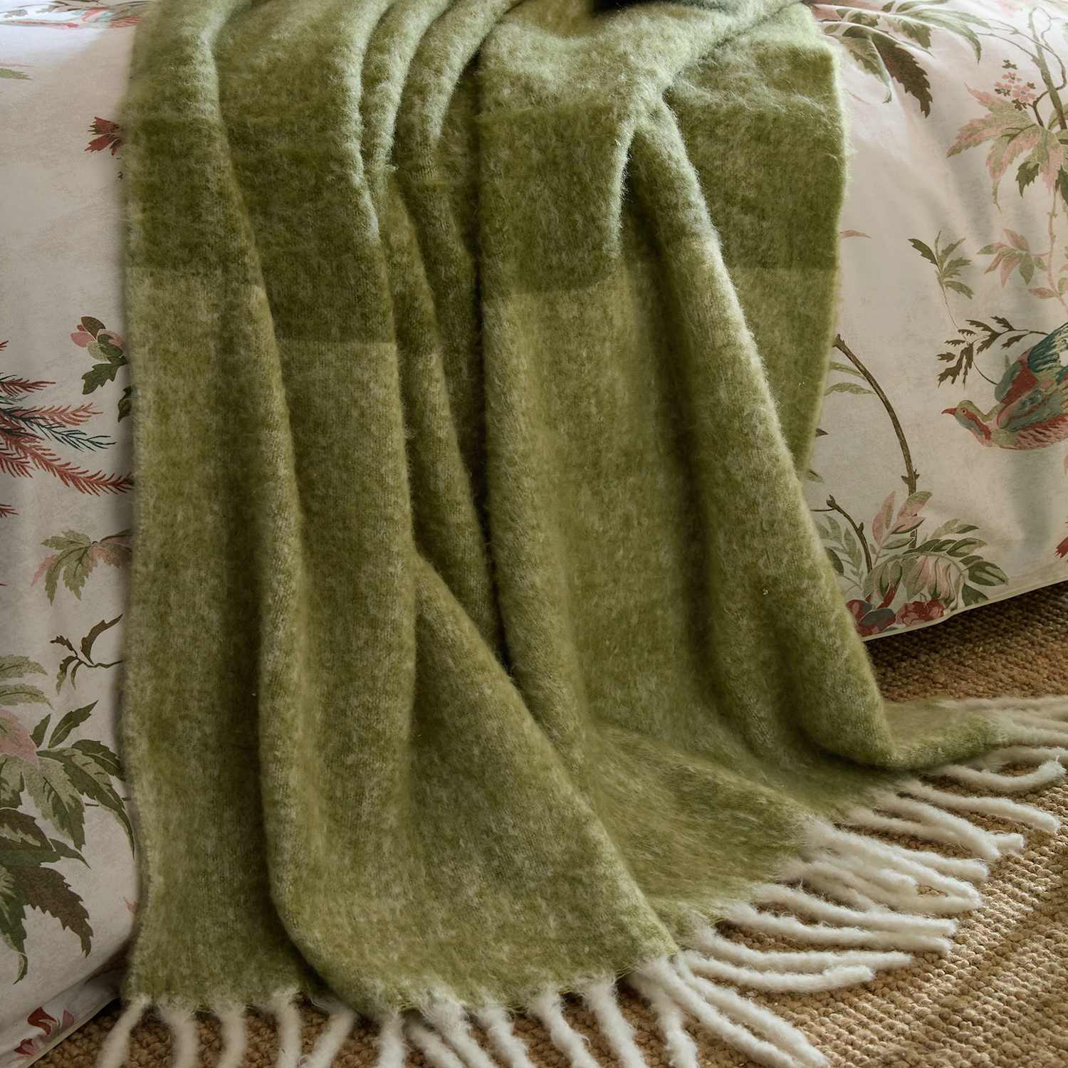 Laura Ashley Bronwen Tassled Throw with Wool - Double (4 ft 6) - Green Mix - Available at M&S