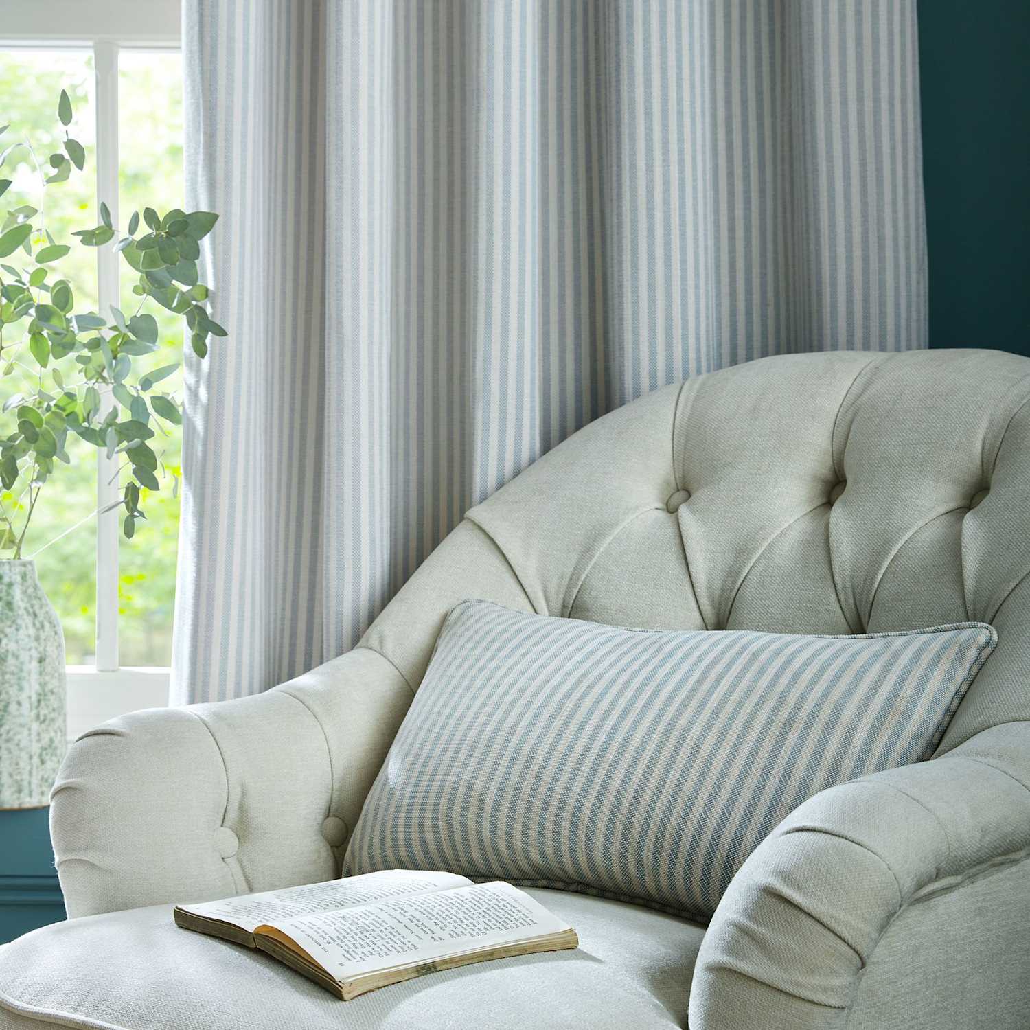 Laura Ashley Chenille Cornish Striped Cushion - Blue Mix - Available at M&S