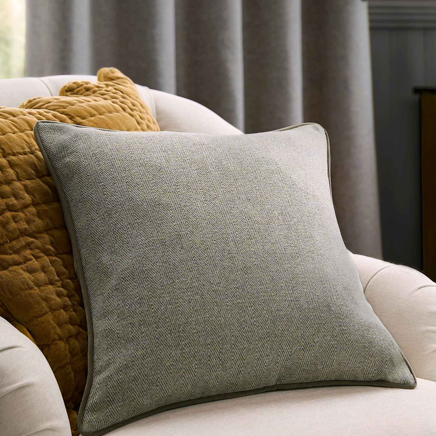 Laura Ashley Milbourne Herringbone Piped Cushion - Green - Available at M&S