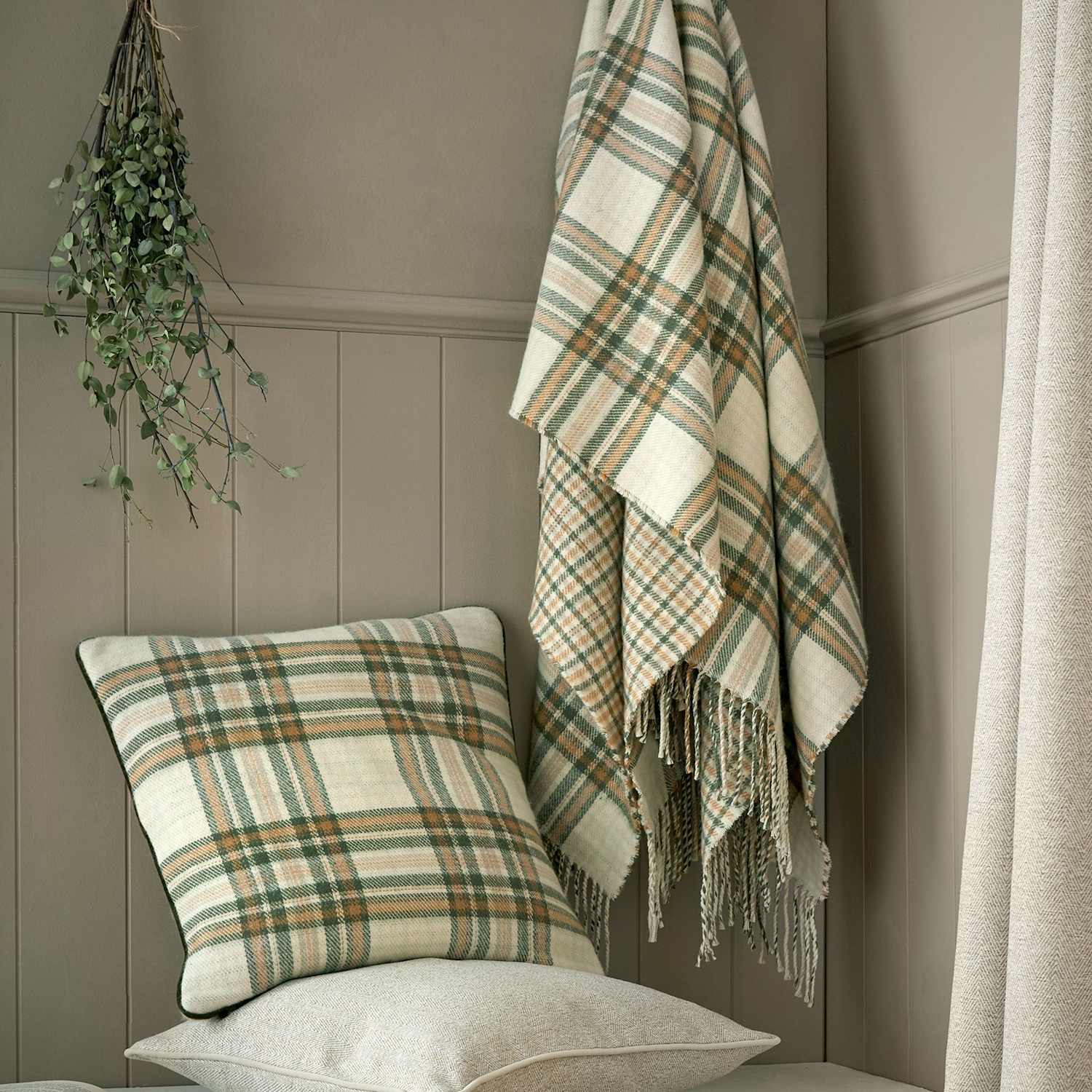 Laura Ashley Padbury Check Reversible Tassled Throw - Double (4 ft 6) - Green Mix - Available at M&S