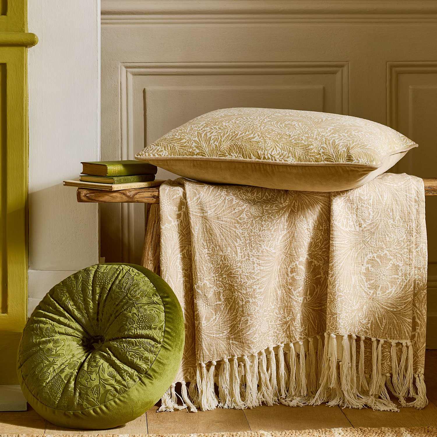 William Morris At Home Velvet Strawberry Thief Cushion - Green - Available at M&S