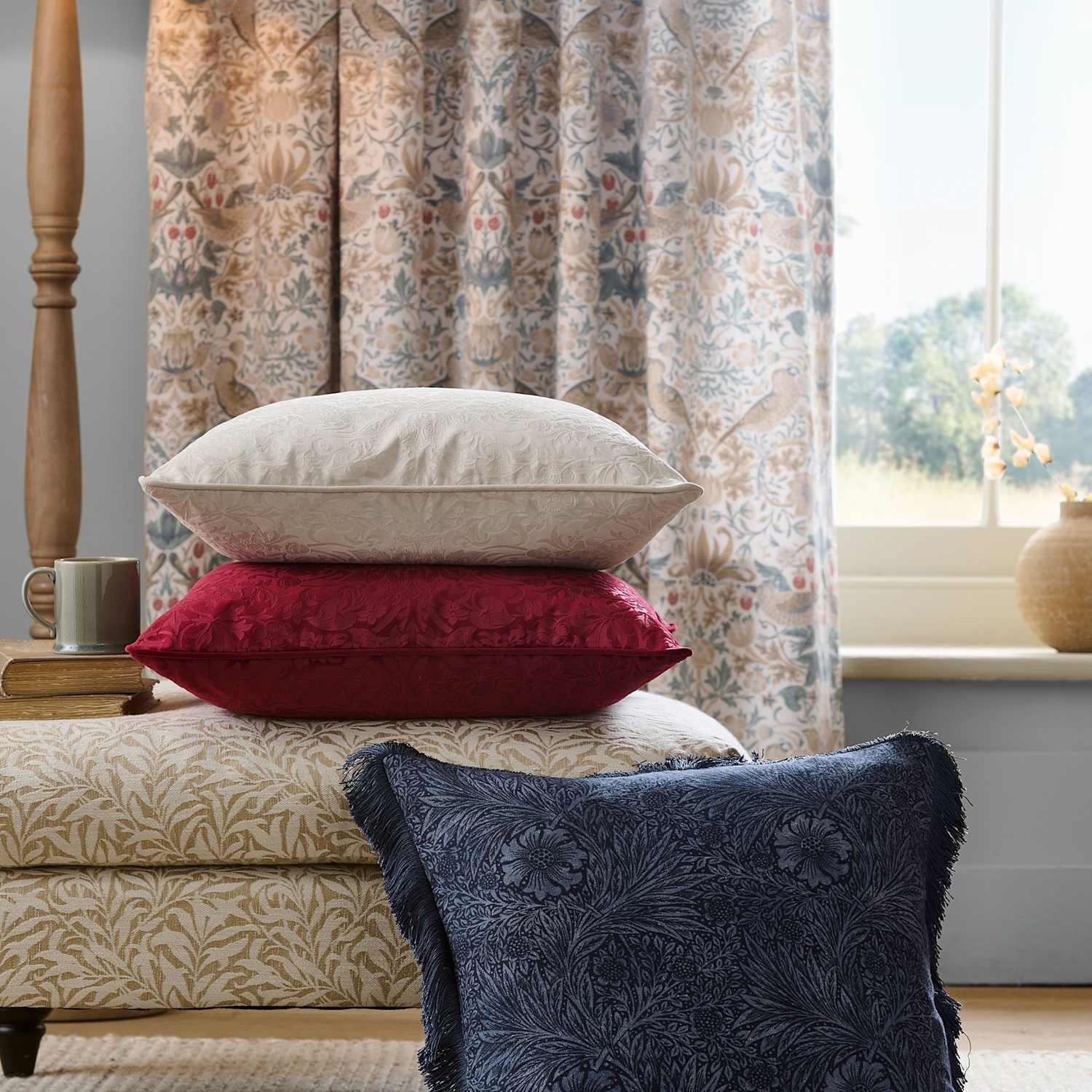 William Morris At Home Pure Cotton Marigold Cushion - Blue Mix - Available at M&S