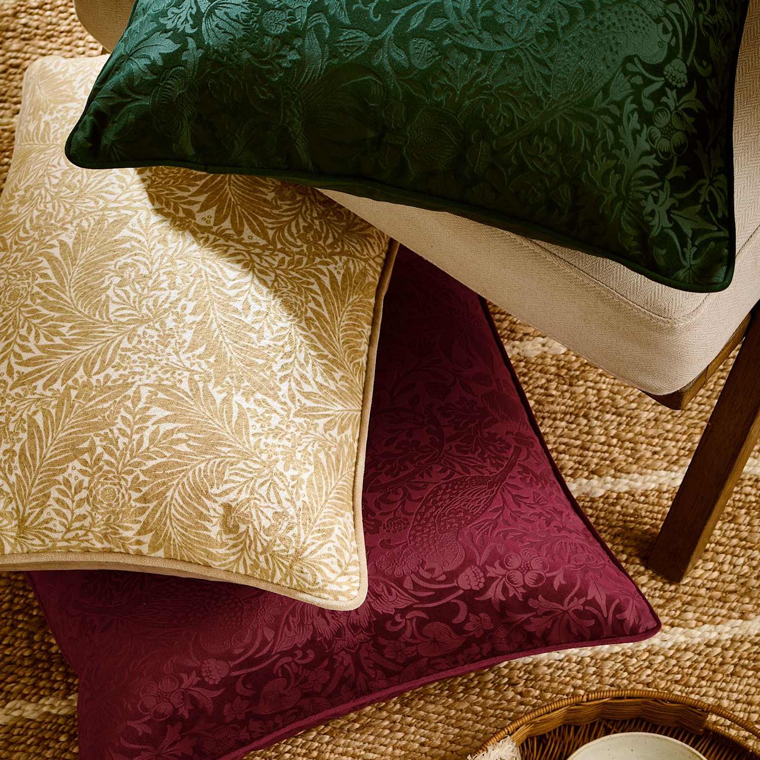 William Morris At Home Velvet Strawberry Thief Cushion - Green - Available at M&S