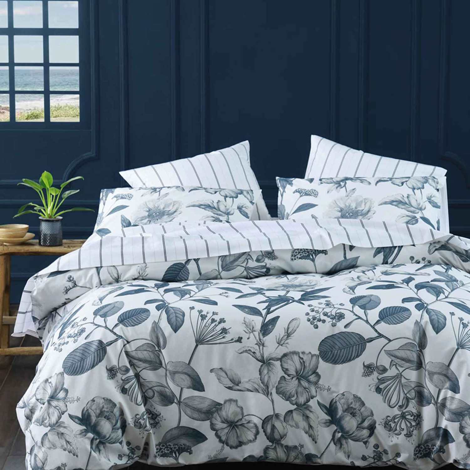 Mm Linen Pure Cotton Botanical Bluestone Bedding Set - King Size (5 ft) - White Mix - Available at M&S