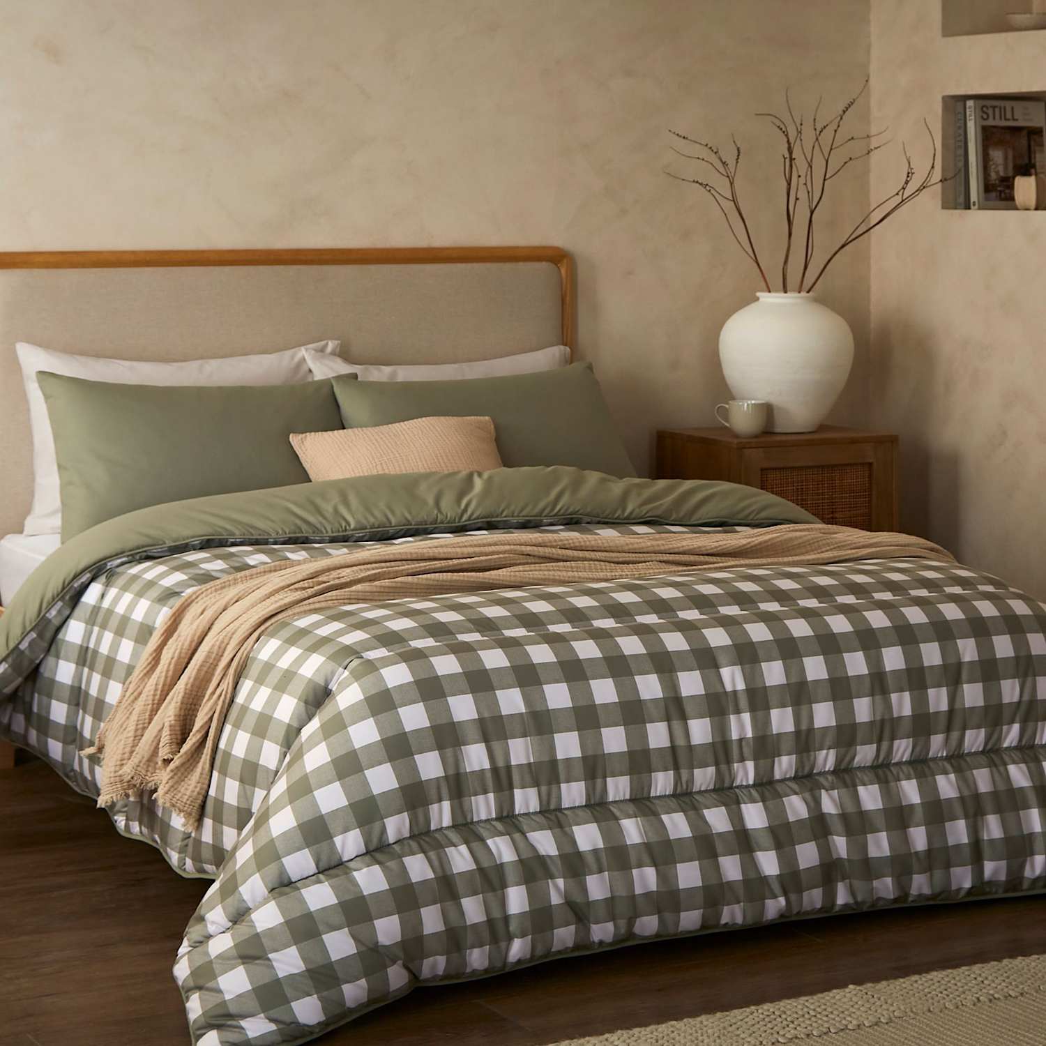 Nightlark Gingham 10.5 Tog Coverless Duvet Set - Double (4 ft 6) - Olive - Available at M&S
