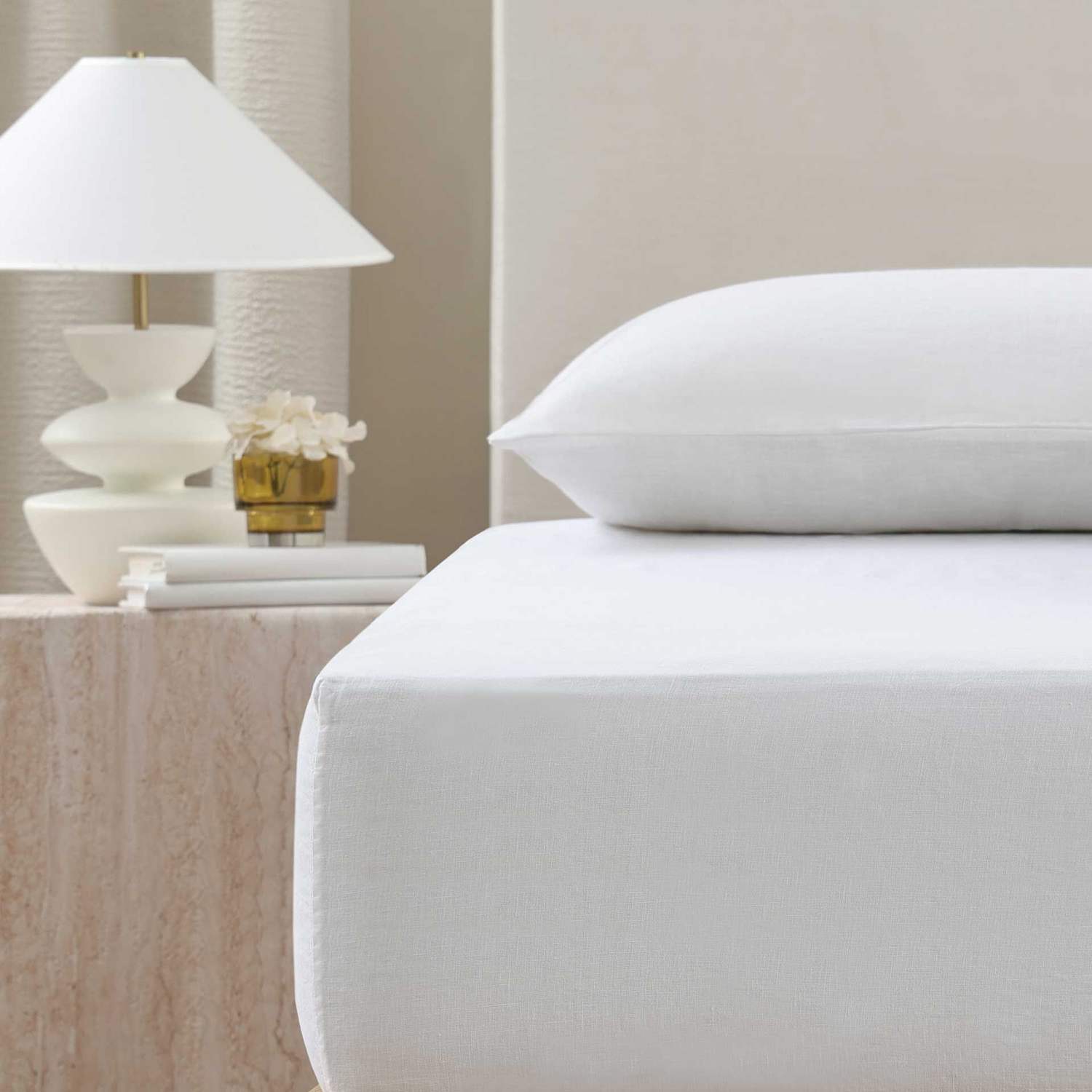 Mm Linen Pure Linen Laundered Fitted Sheet & Pillowcase Set - Super King Size (6 ft) - White - Available at M&S