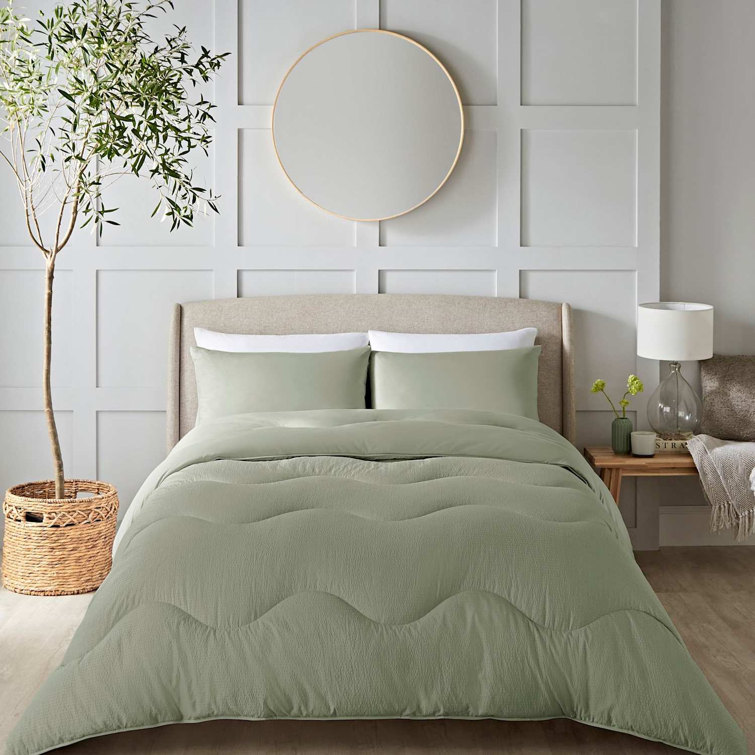 Nightlark Seersucker 4.5 Tog Coverless Duvet Set - Double (4 ft 6) - Olive - Available at M&S