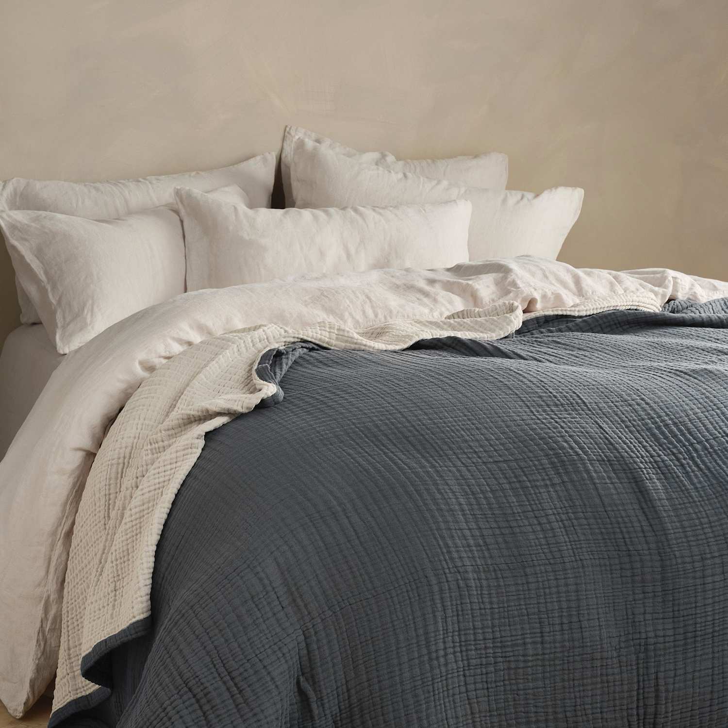 Bedfolk Pure Cotton Reversible Extra Large Throw - Wider Width - Blue Mix - Available at M&S