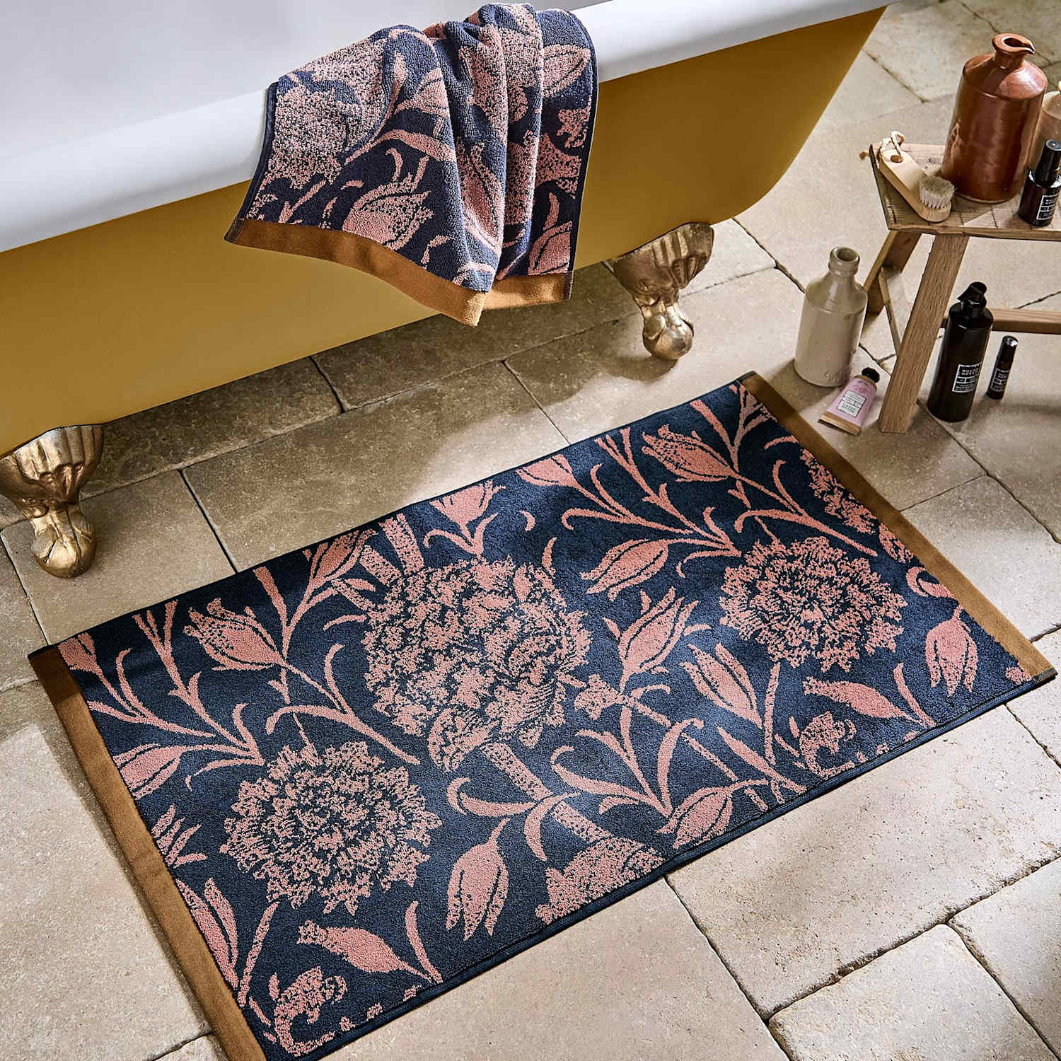 William Morris At Home Pure Cotton Wild Tulip Bath Mat - Bath Towel - Navy Mix - Available at M&S