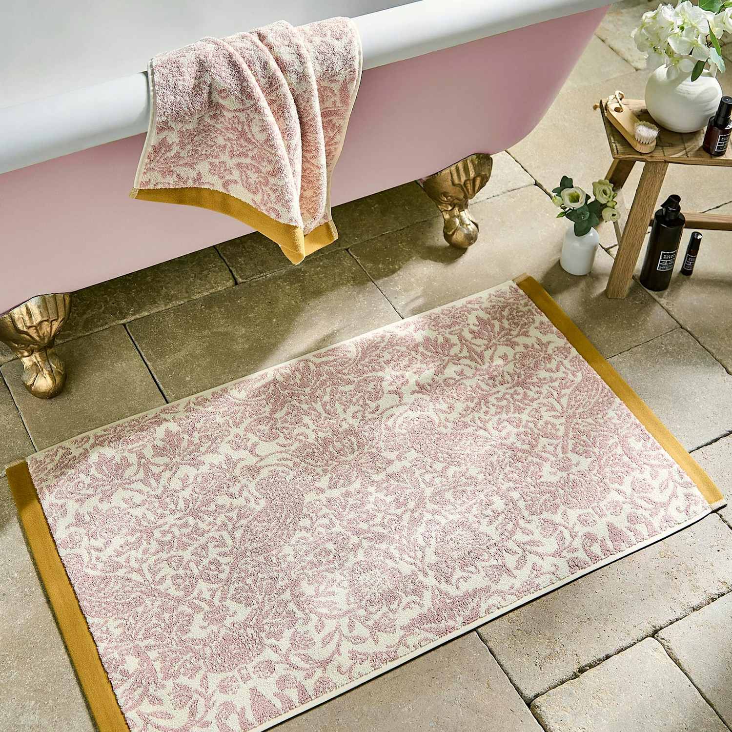 William Morris At Home Pure Cotton Strawberry Thief Bath Mat - Bath Towel - Light Pink Mix - Available at M&S