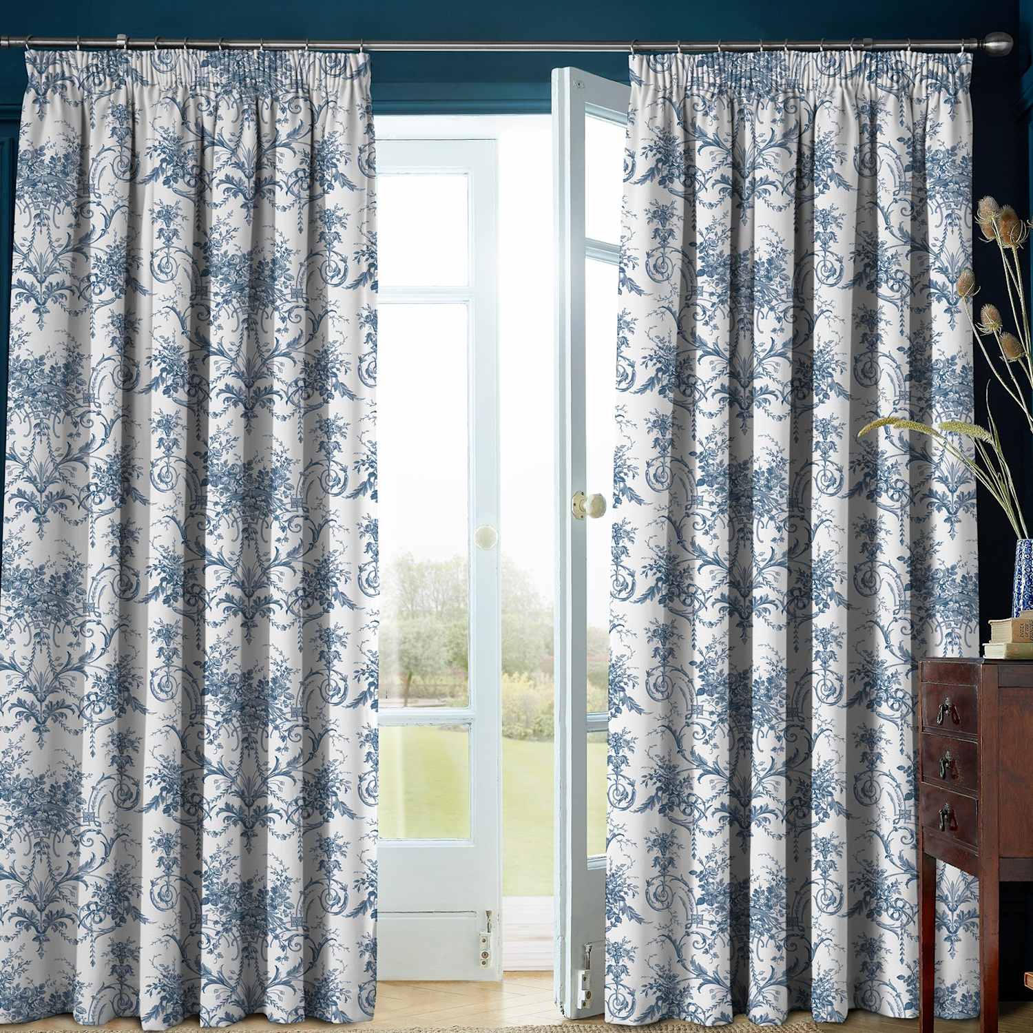 Laura Ashley Tuileries Pure Cotton Pencil Pleat Blackout Curtains - W229cm, Drop 183cm - Blue Mix - Available at M&S