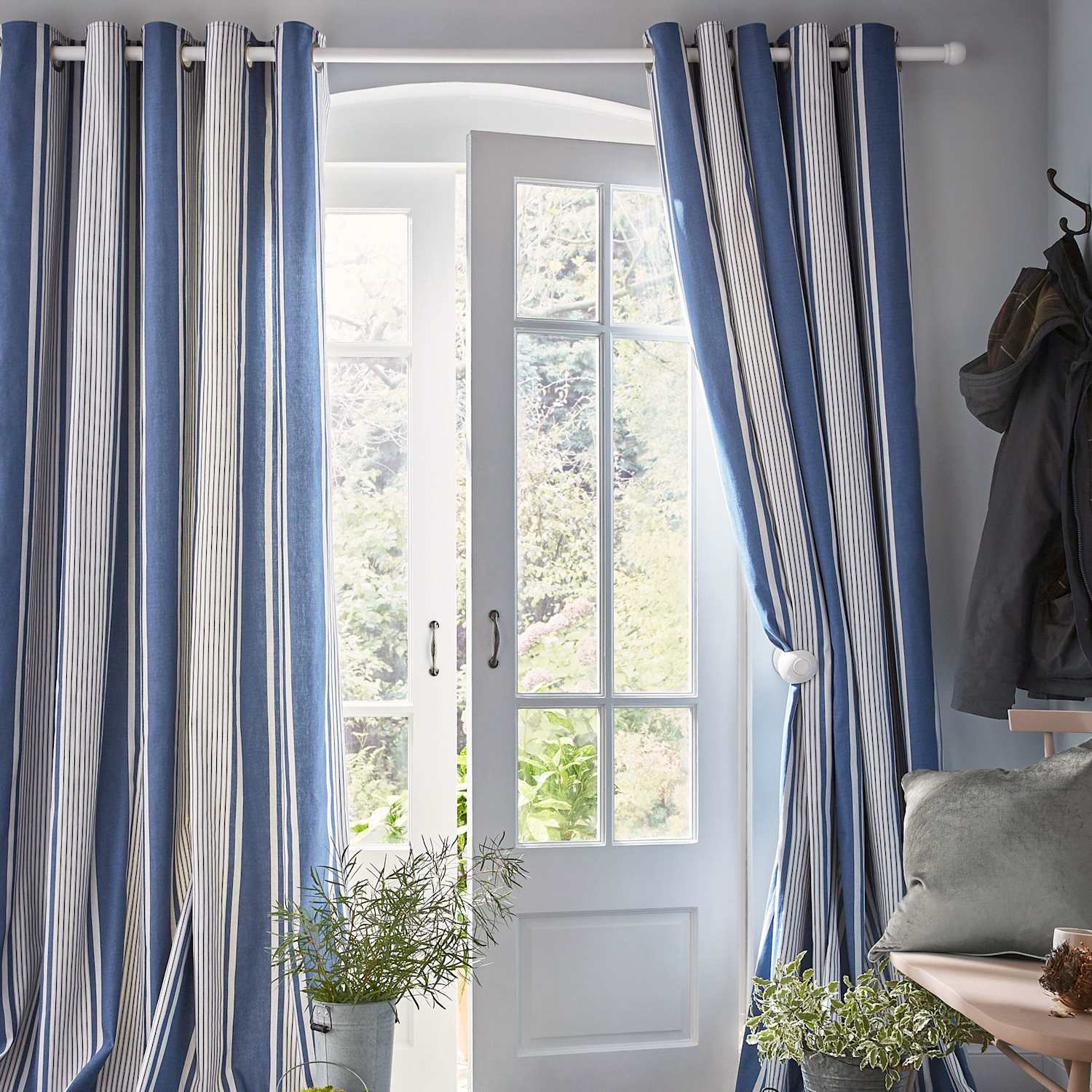 Laura Ashley Tiverton Pure Cotton Striped Eyelet Curtains - W229cm, Drop 183cm - Blue Mix - Available at M&S