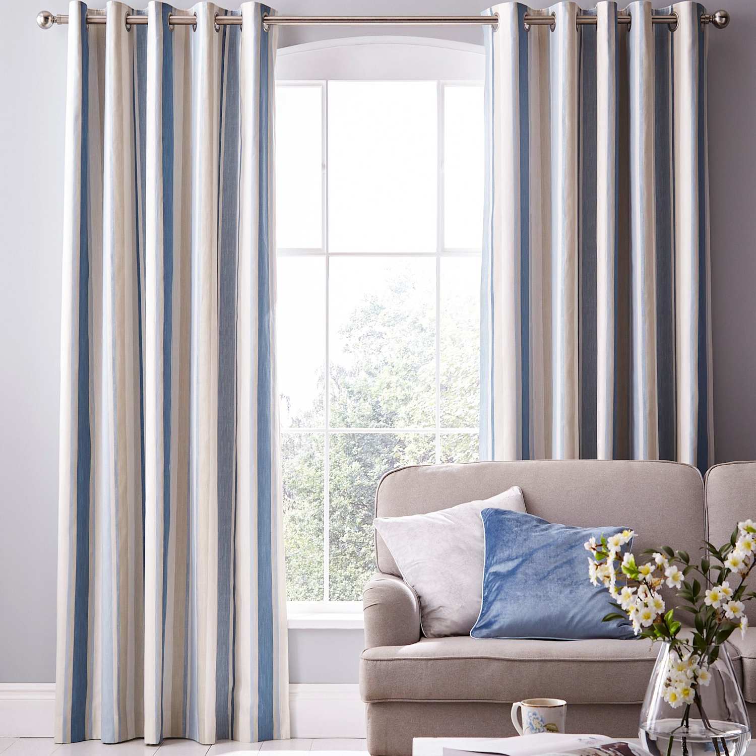 Laura Ashley Awning Stripe Eyelet Blackout Curtains - W168cm, Drop 229cm - Blue Mix - Available at M&S