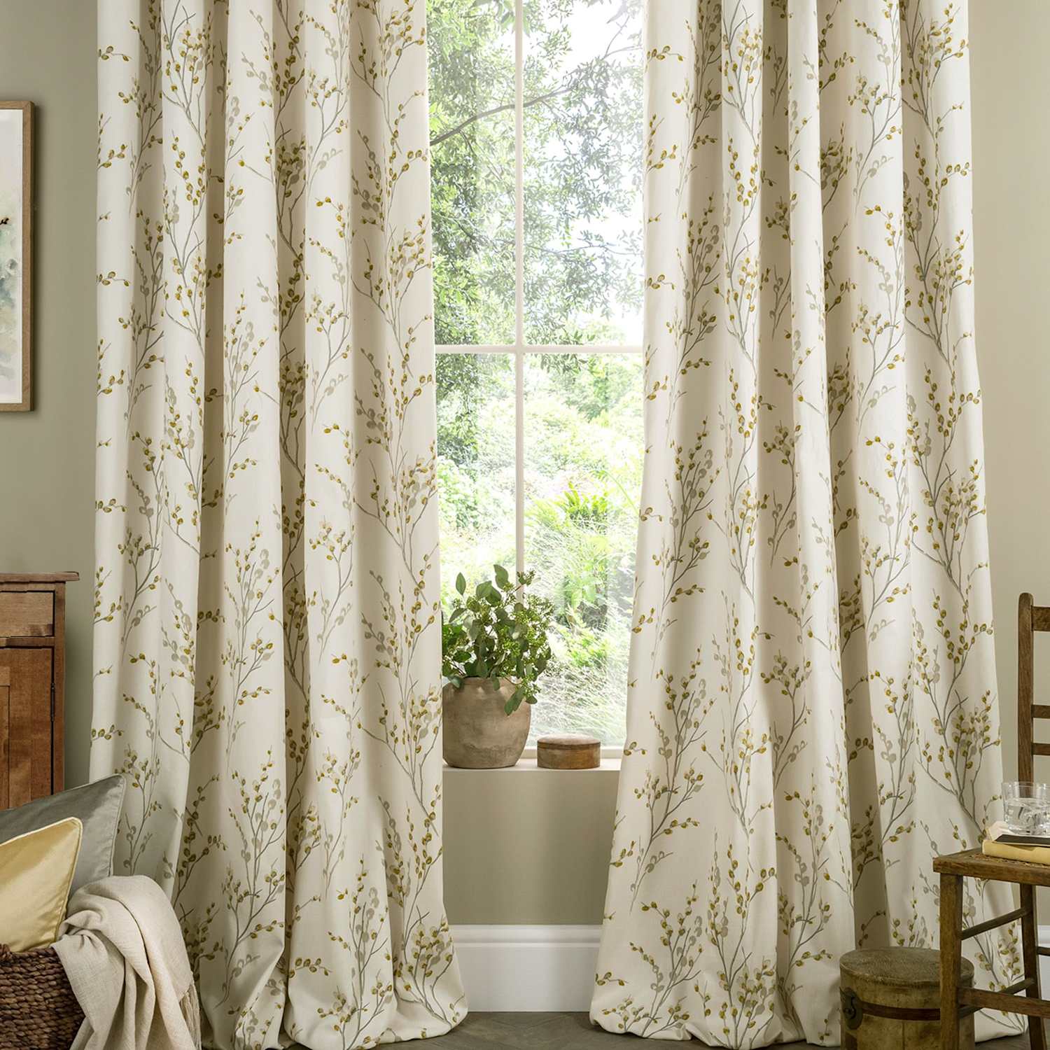 Laura Ashley Pussy Willow Eyelet Curtains - W229cm, Drop 229cm - Yellow Mix - Available at M&S