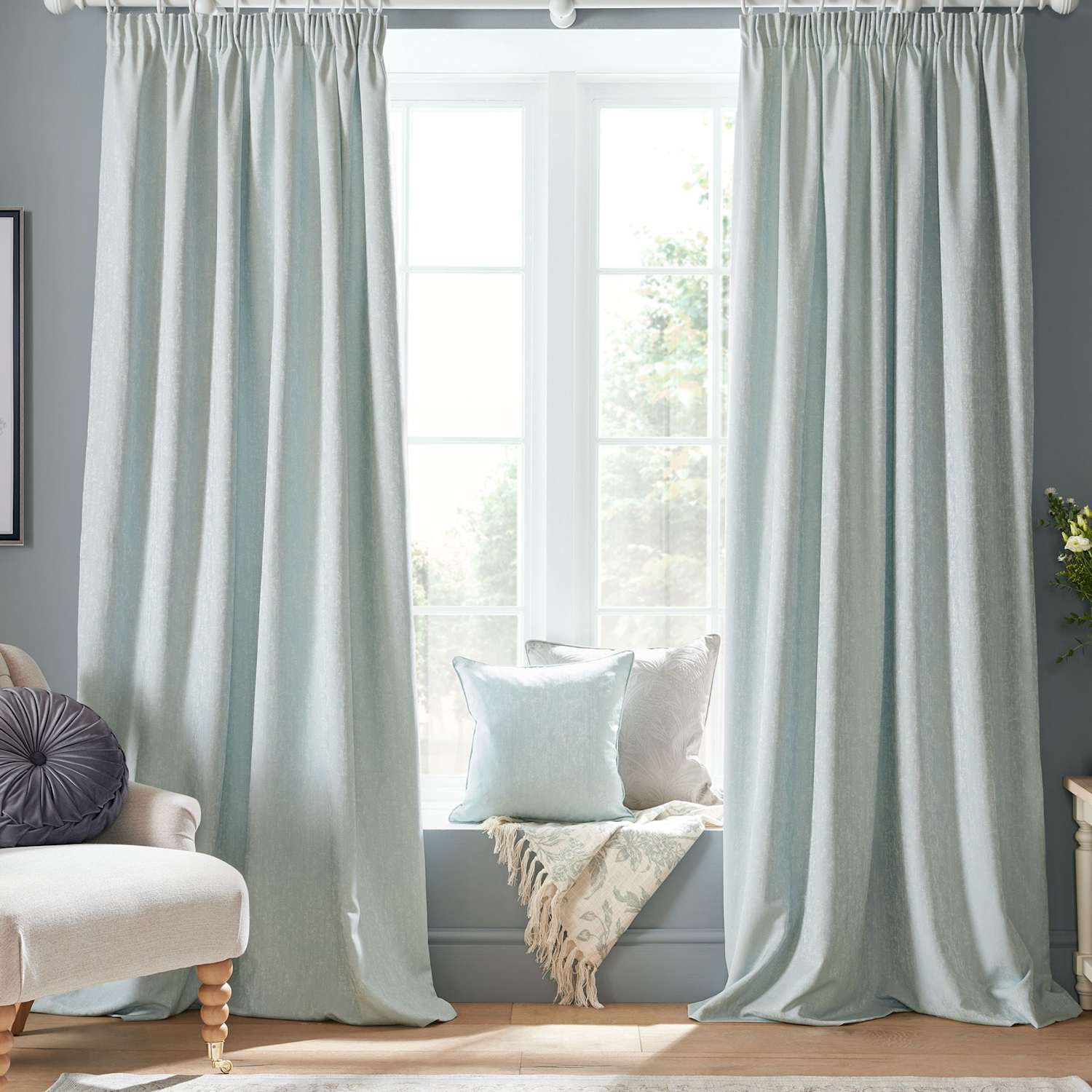 Laura Ashley Whinfell Jacquard Pencil Pleat Curtains - W229cm, Drop 229cm - Light Blue Mix - Available at M&S