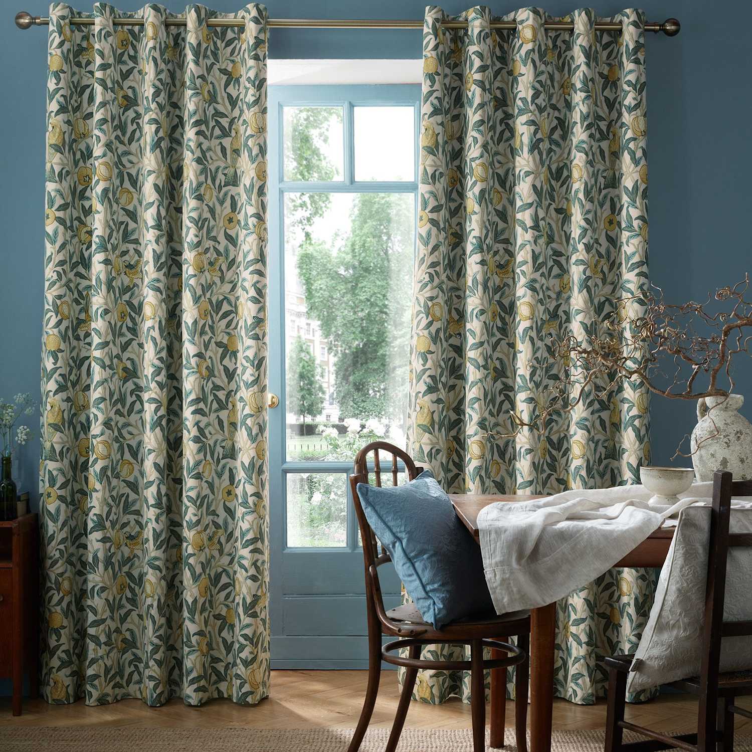 William Morris At Home Bird and Pomegranate Eyelet Blackout Curtains - W229cm, Drop 229cm - Blue Mix - Available at M&S