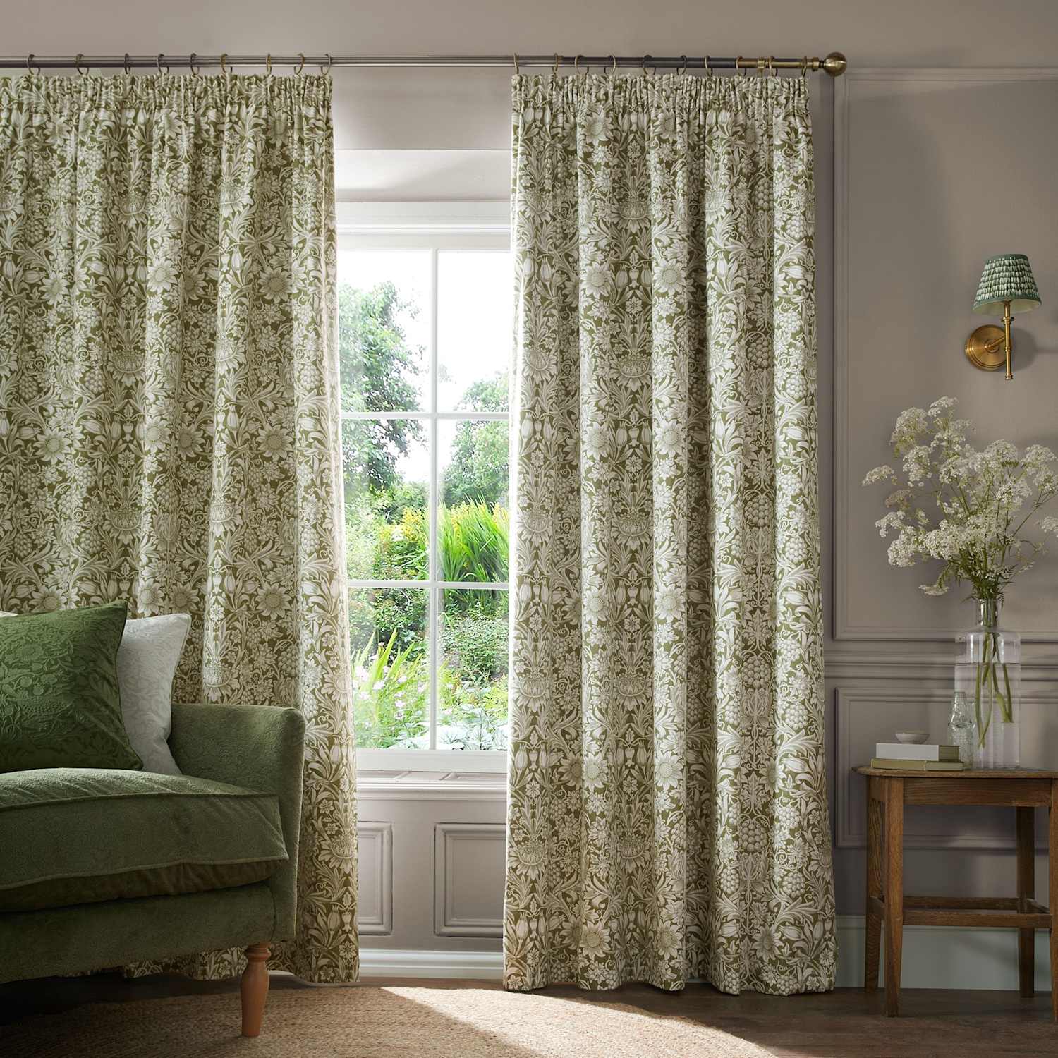 William Morris At Home Sunflower Pencil Pleat Blackout Curtains - W168cm, Drop 137cm - Green Mix - Available at M&S