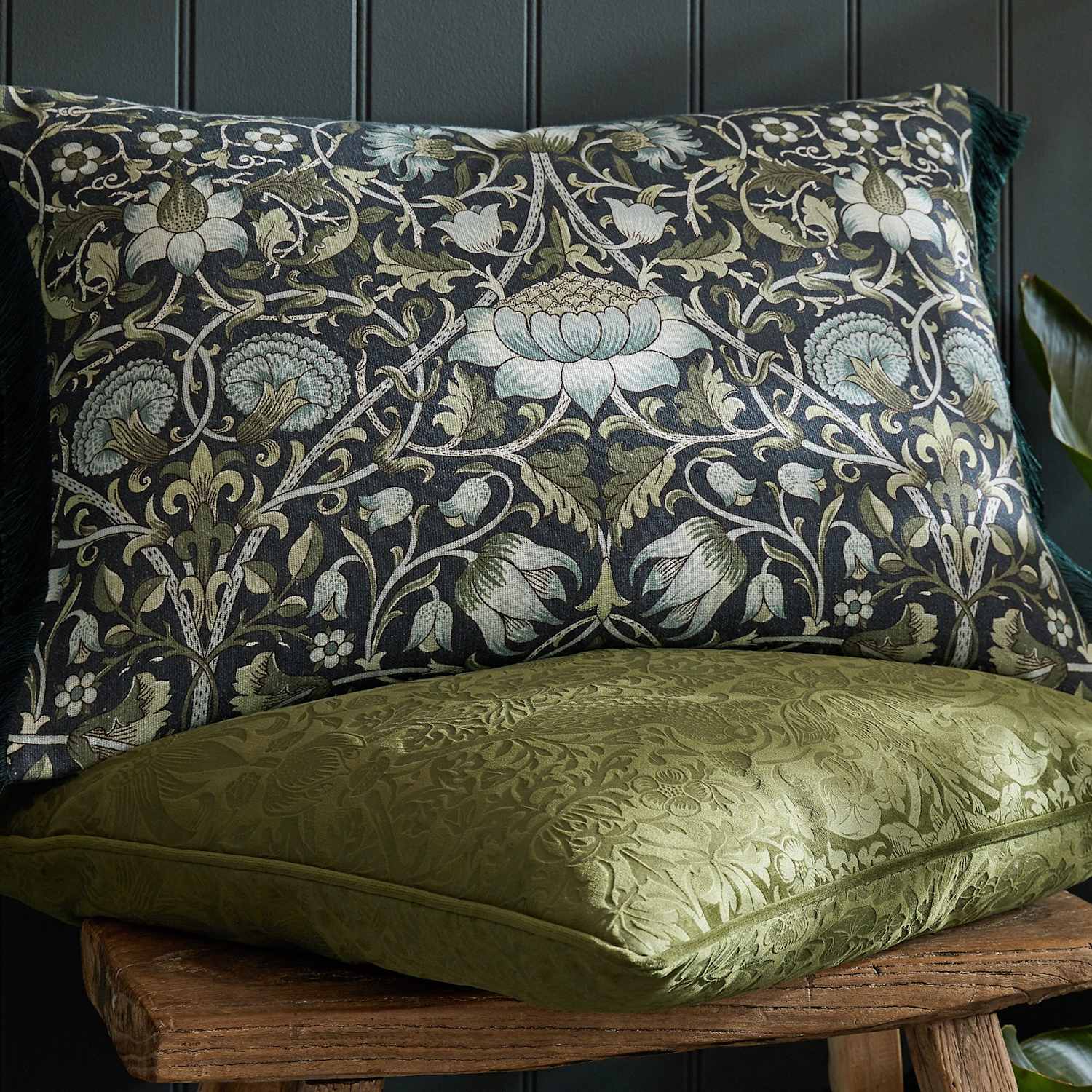 William Morris At Home Velvet Strawberry Thief Cushion - Dark Green - Available at M&S