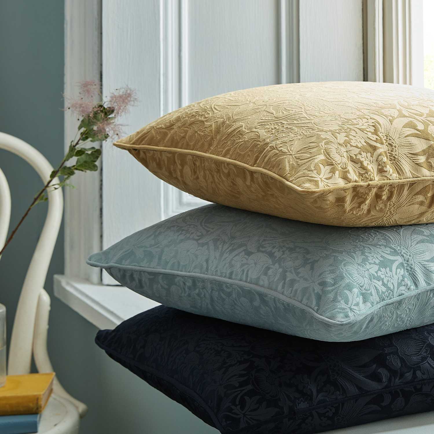 William Morris At Home Velvet Strawberry Thief Cushion - Beige - Available at M&S