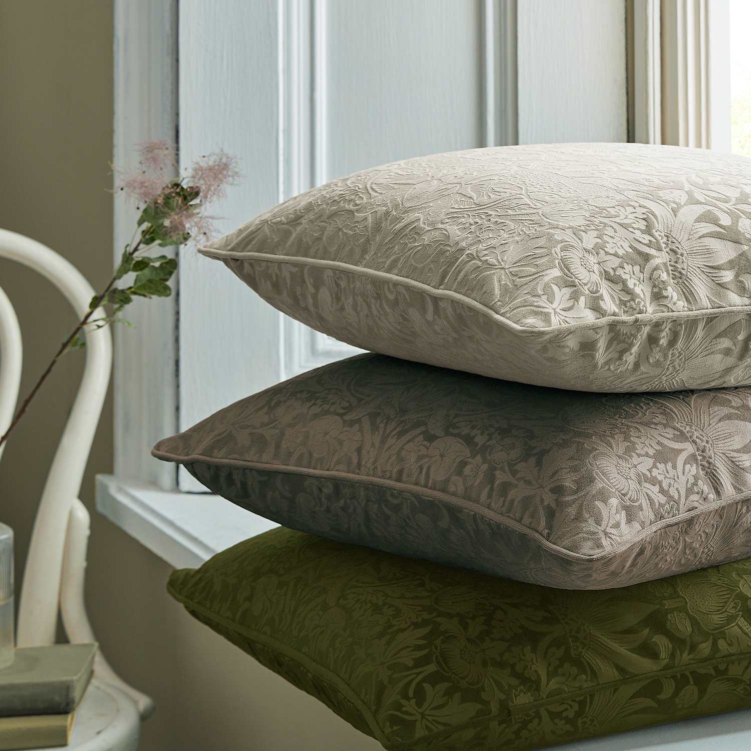 William Morris At Home Velvet Strawberry Thief Cushion - Light Grey - Available at M&S