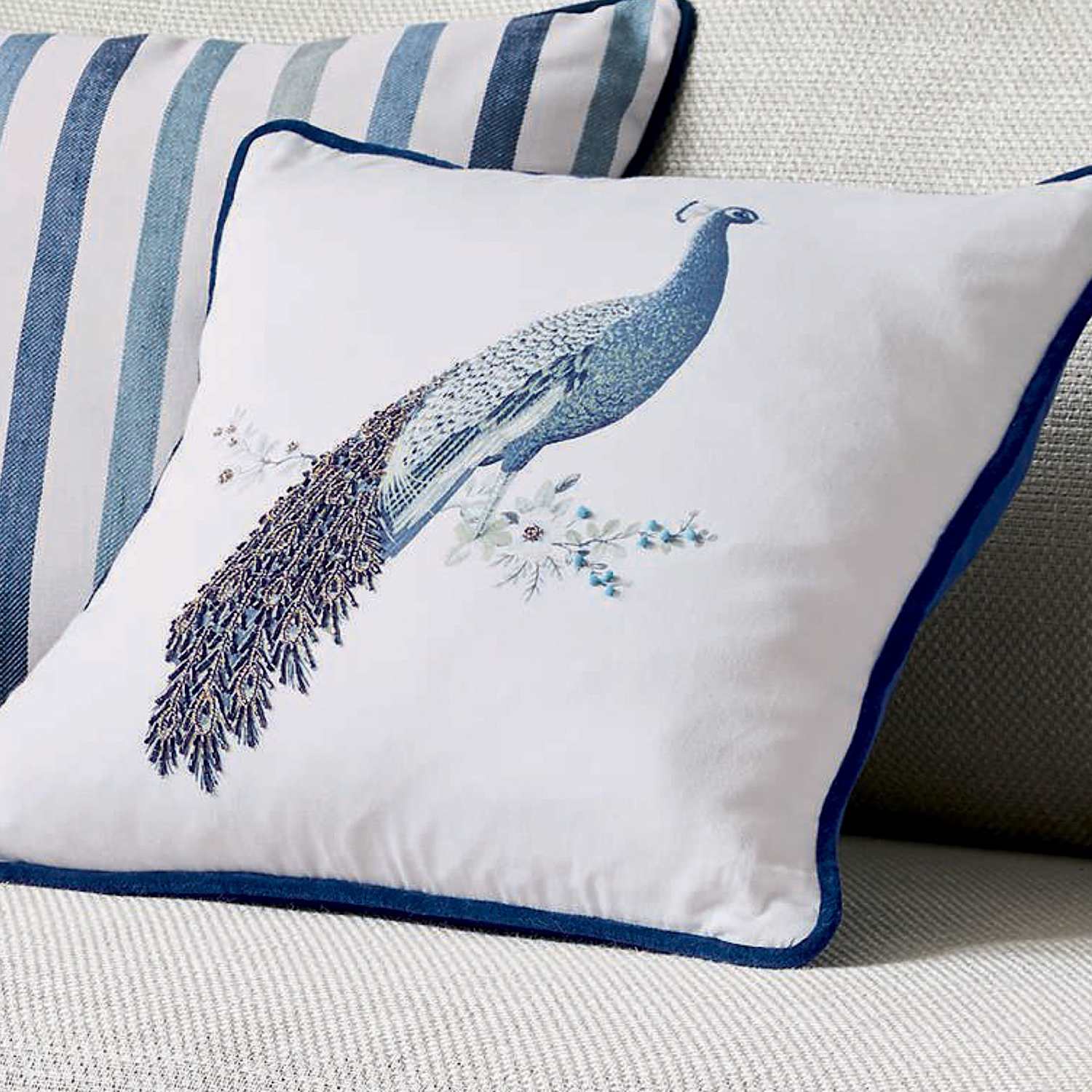 Laura Ashley Pure Cotton Peacock Beaded Cushion - Blue Mix - Available at M&S