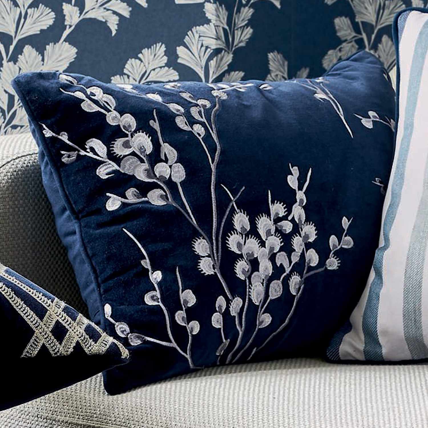 Laura Ashley Pussy Willow Velvet Embroidered Cushion - Navy Mix - Available at M&S