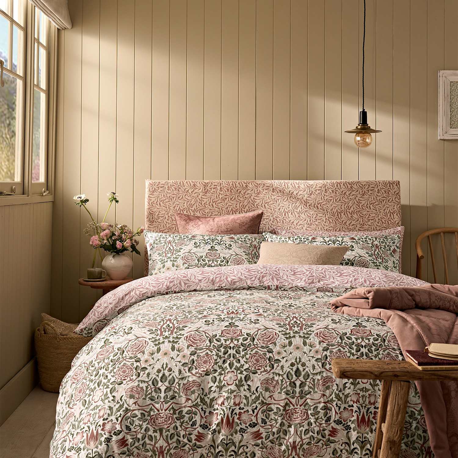 William Morris At Home Pure Cotton Sateen Rose Brick Bedding Set - Single (3 ft) - Pink Mix - Available at M&S