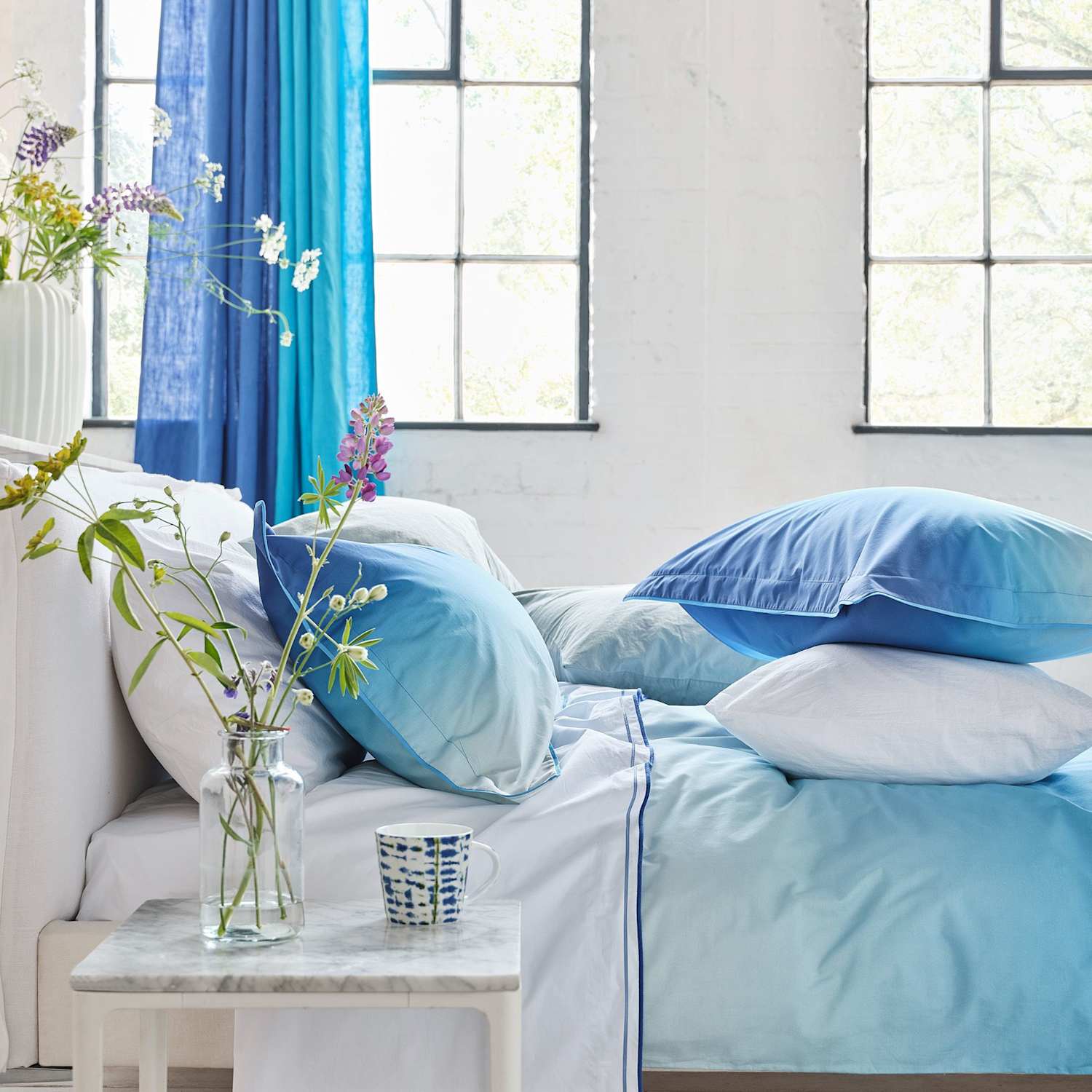 Designers Guild Pure Cotton 400 Thread Count Flat Sheet - King Size (5 ft) - Blue Mix - Available at M&S