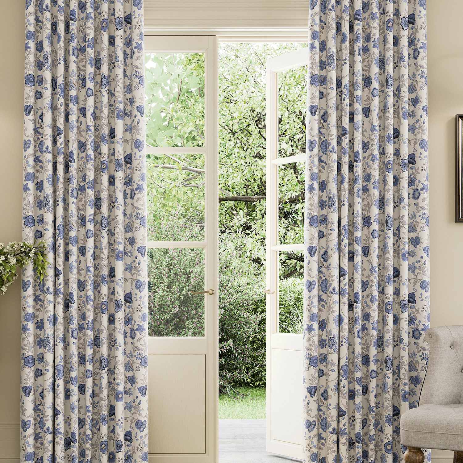 Joules Indienne Pure Cotton Eyelet Blackout Curtains - W168cm, Drop 229cm - Blue Mix - Available at M&S