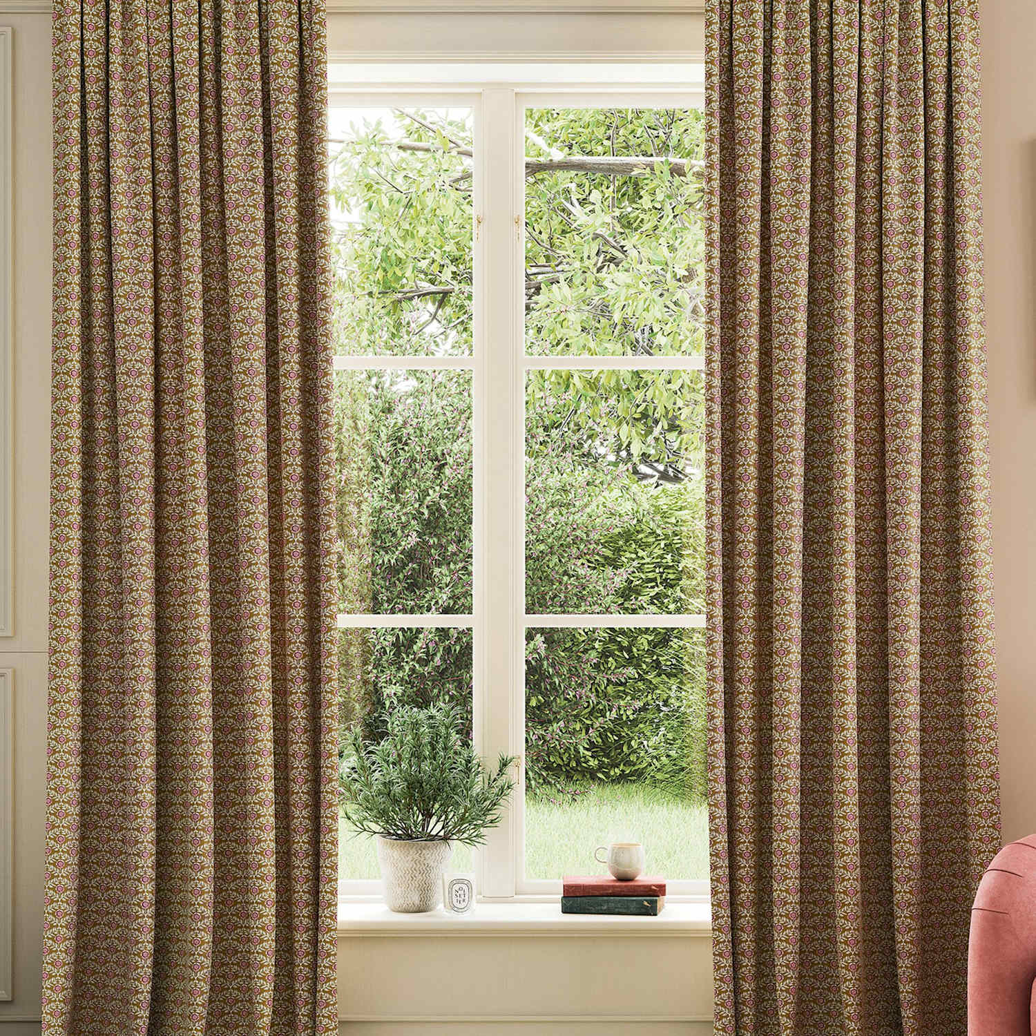 Joules Floral Foulard Pure Cotton Pencil Pleat Curtains - W168cm, Drop 137cm - Gold Mix - Available at M&S