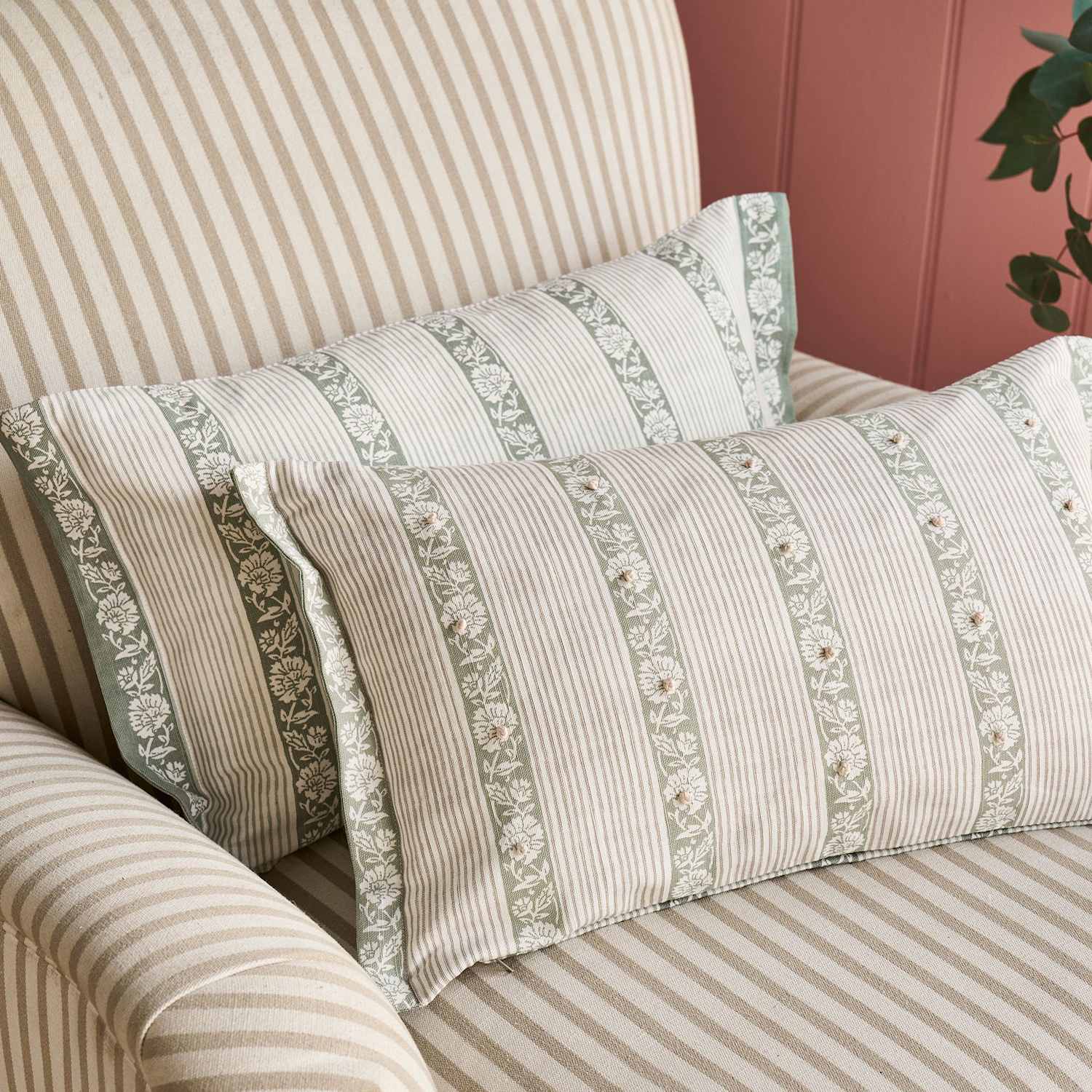 Laura Ashley Pure Cotton Semington Cushion - Green Mix - Available at M&S