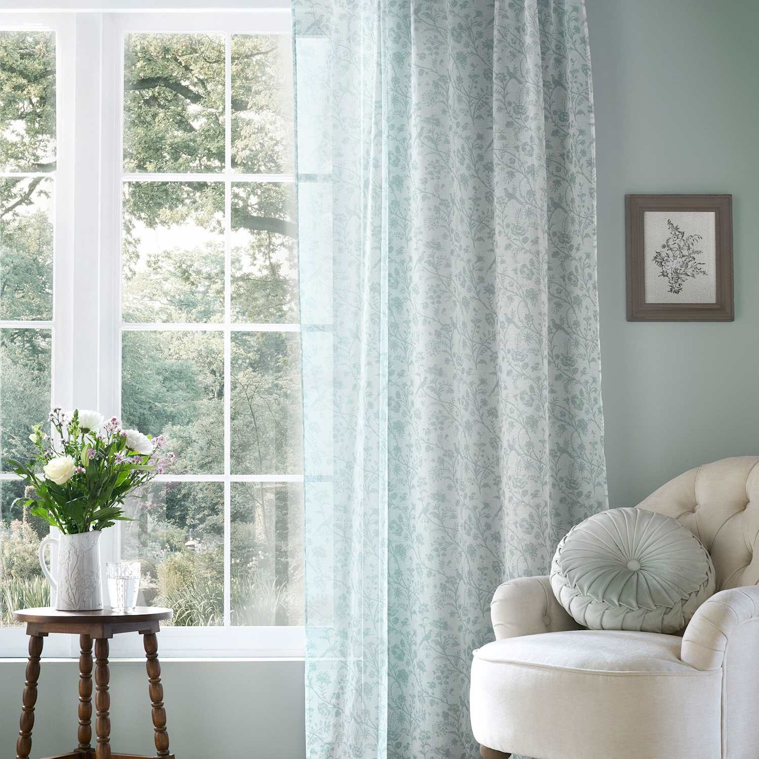 Laura Ashley Shepherds Purse Sheer Voile Curtains - W135cm, Drop 229cm - Light Blue Mix - Available at M&S
