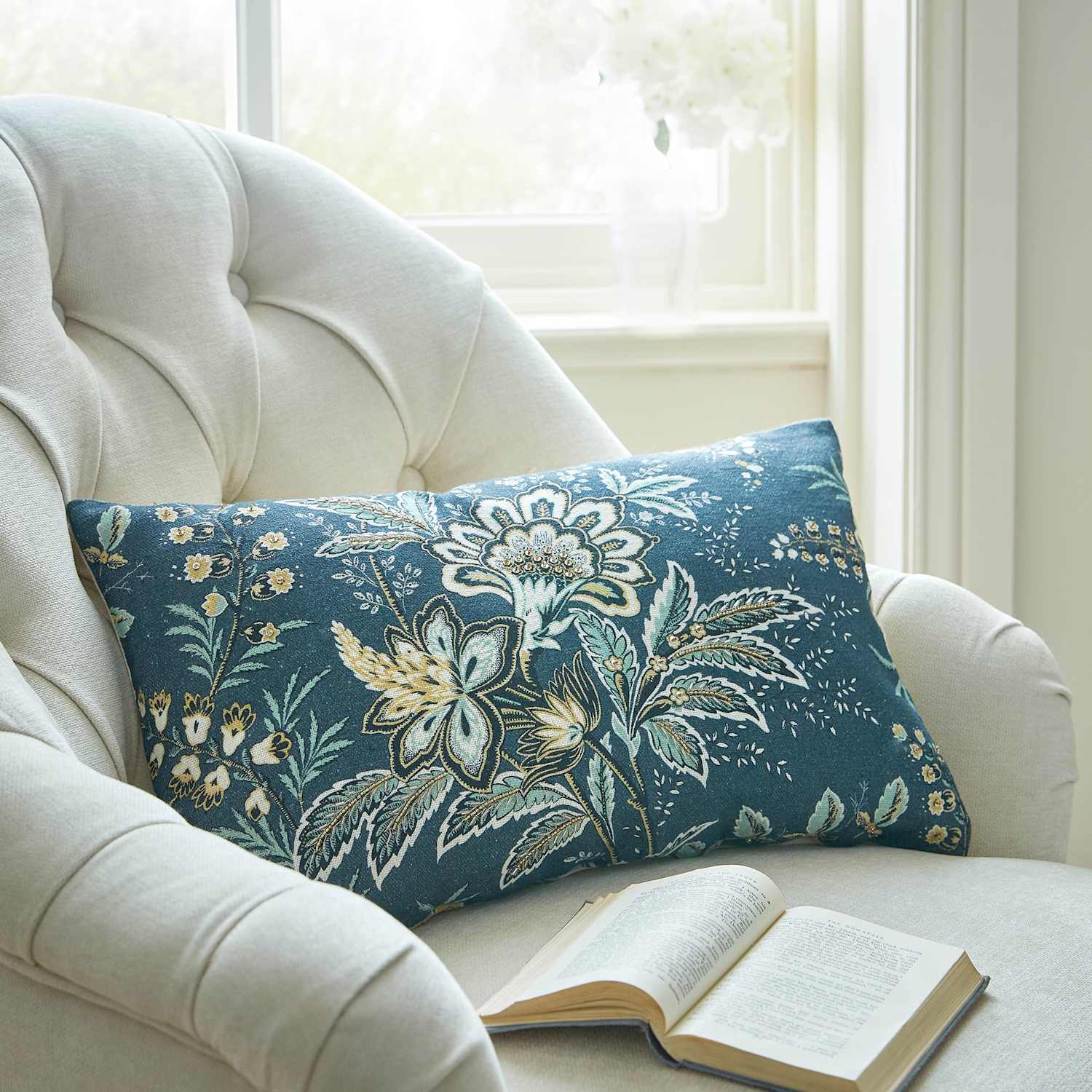 Laura Ashley Pure Cotton Marlbrook Bolster Cushion - Blue Mix - Available at M&S