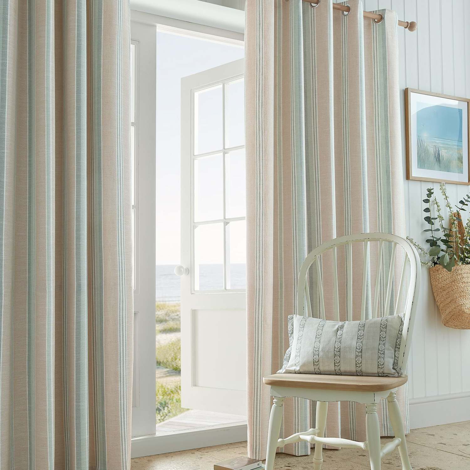 Laura Ashley Wickham Cotton Rich Striped Eyelet Curtains - W168cm, Drop 137cm - Natural Mix - Available at M&S