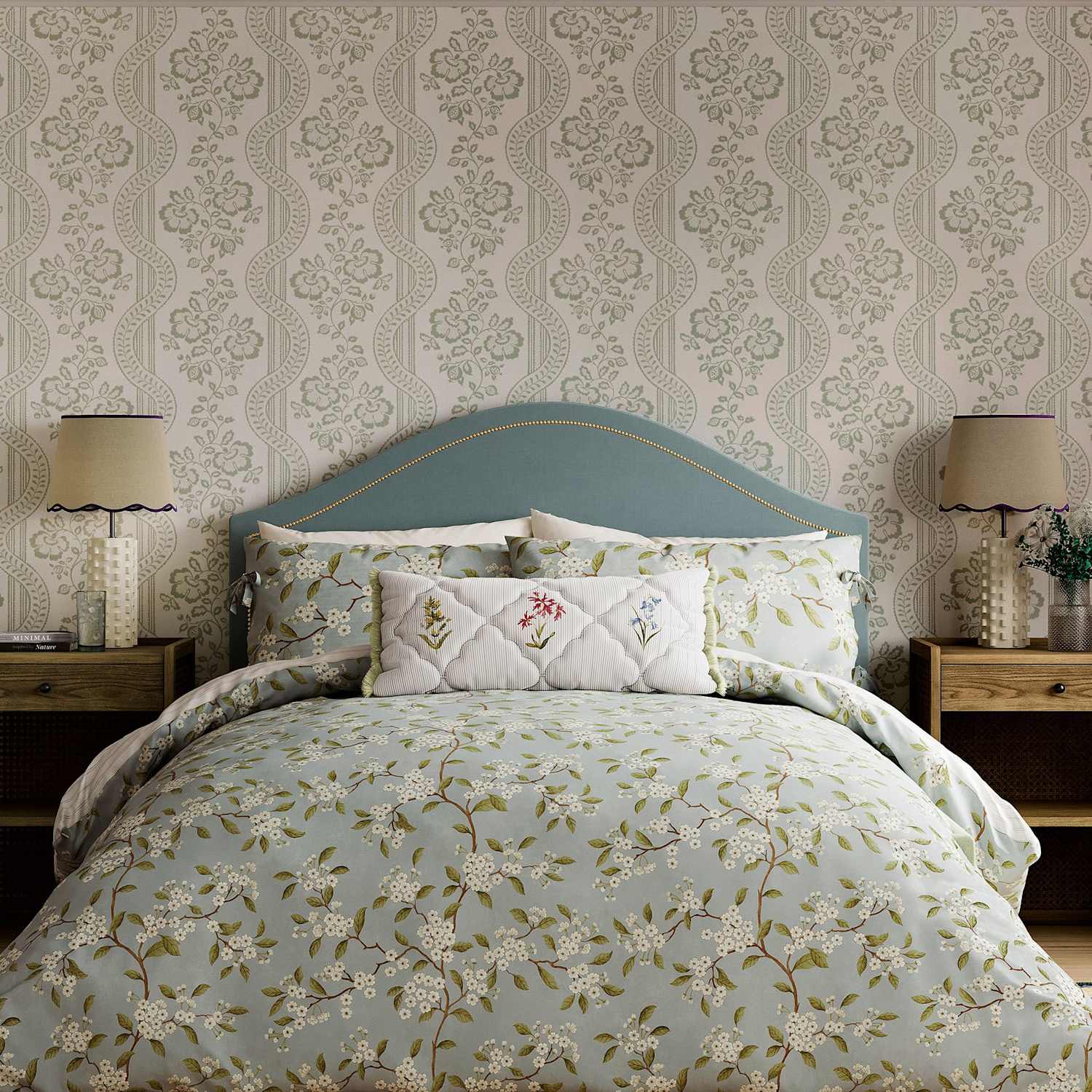 Sanderson Pure Cotton Damson Blossom Bedding Set - Single (3 ft) - Light Blue - Available at M&S