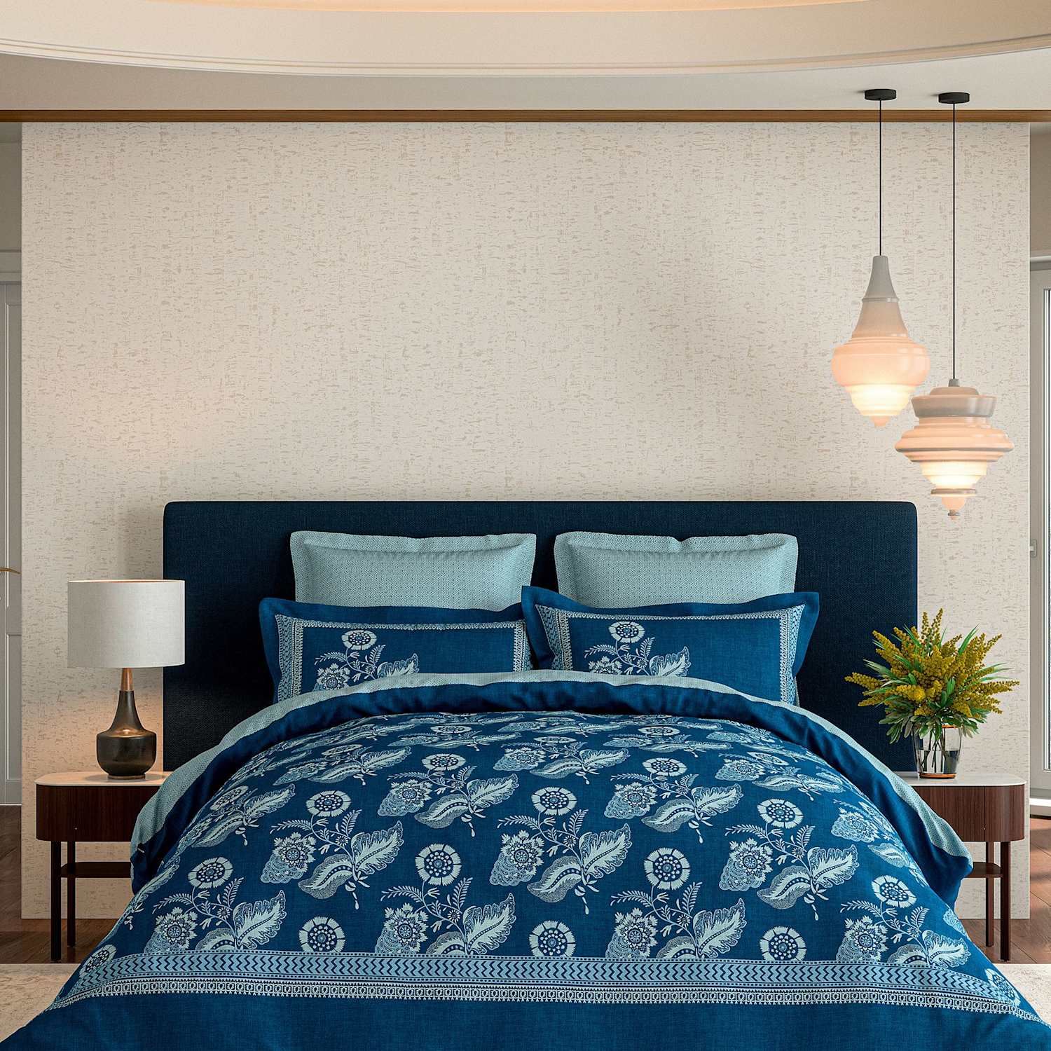 V&A Pure Cotton Eastern Bloom Bedding Set - King Size (5 ft) - Indigo Mix - Available at M&S