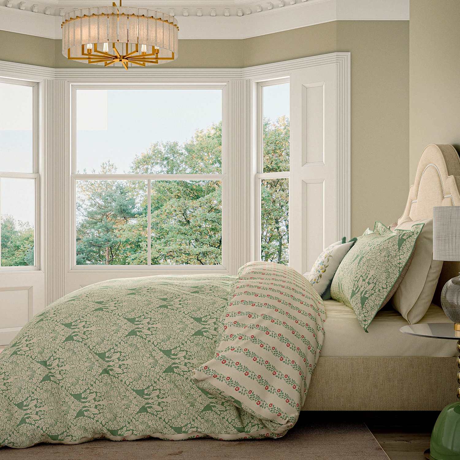 V&A Pure Cotton Lerena Bedding Set - King Size (5 ft) - Green Mix - Available at M&S