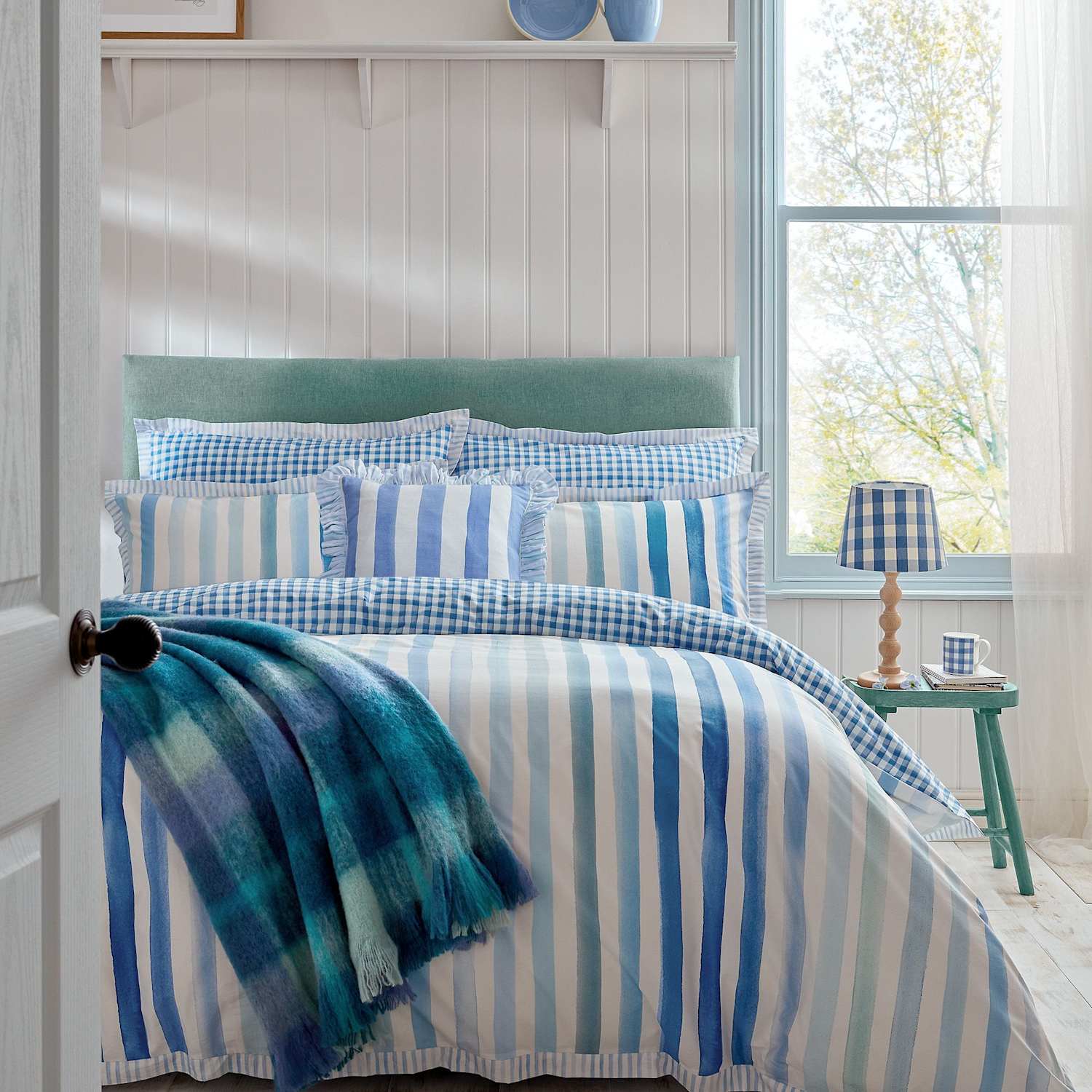 Bluebellgray Pure Cotton Sunday Stripe Bedding Set - Double (4 ft 6) - Blue Mix - Available at M&S
