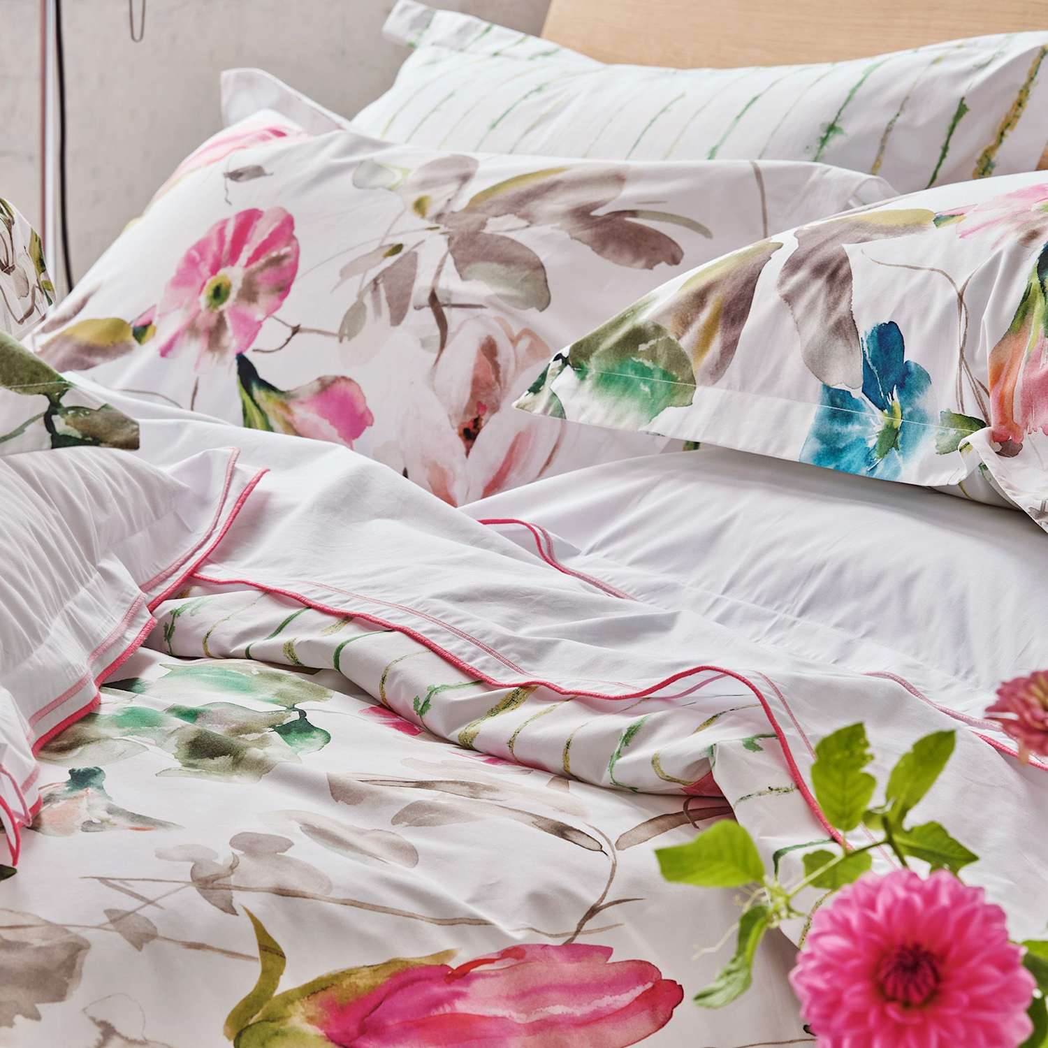 Designers Guild Pure Cotton Percale Floral Pillowcase Set - Fuchsia Mix - Available at M&S