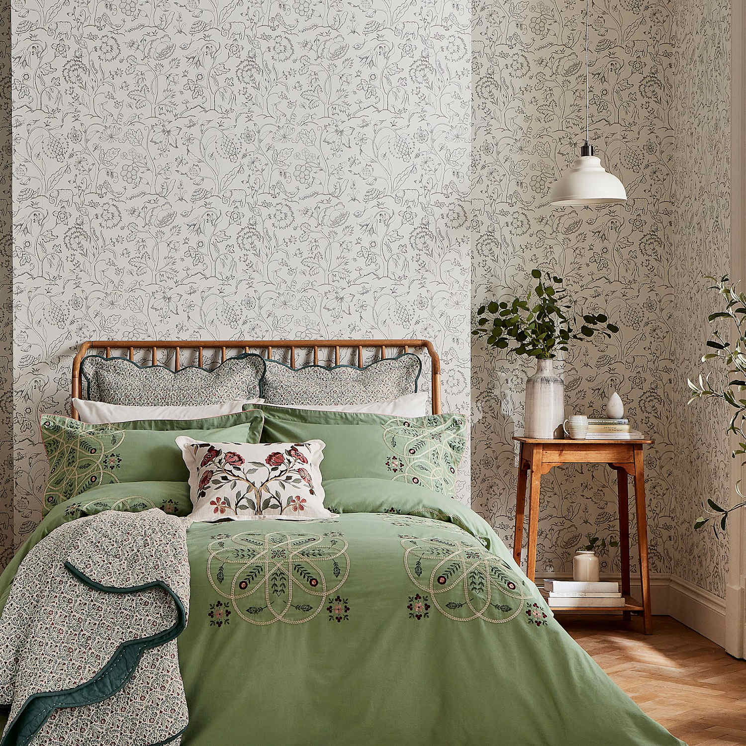 Morris & Co Pure Cotton Brophy Embroidery Bedding Set - Super King Size (6 ft) - Green Mix - Available at M&S