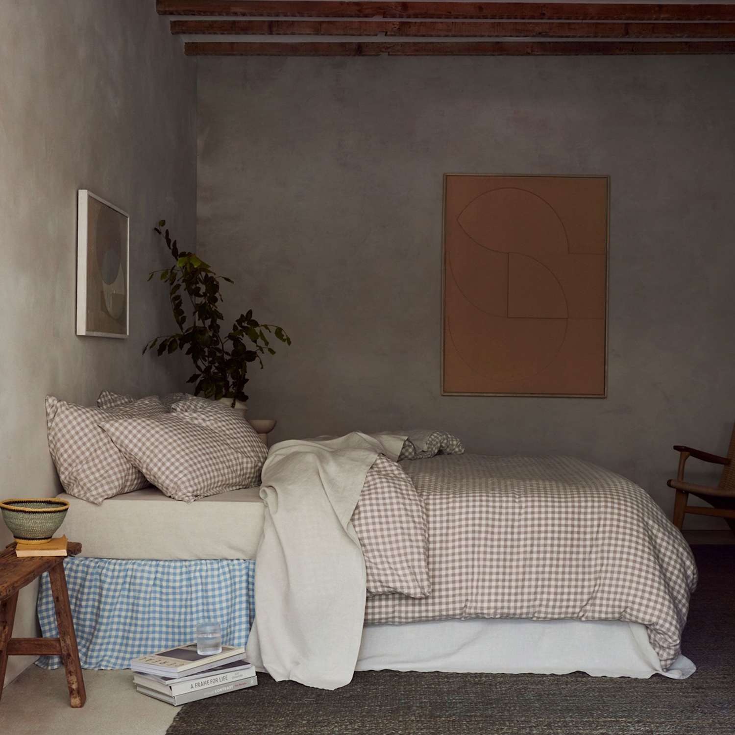 Piglet In Bed Pure Linen Gingham Duvet Cover - Double (4 ft 6) - Oatmeal Mix - Available at M&S