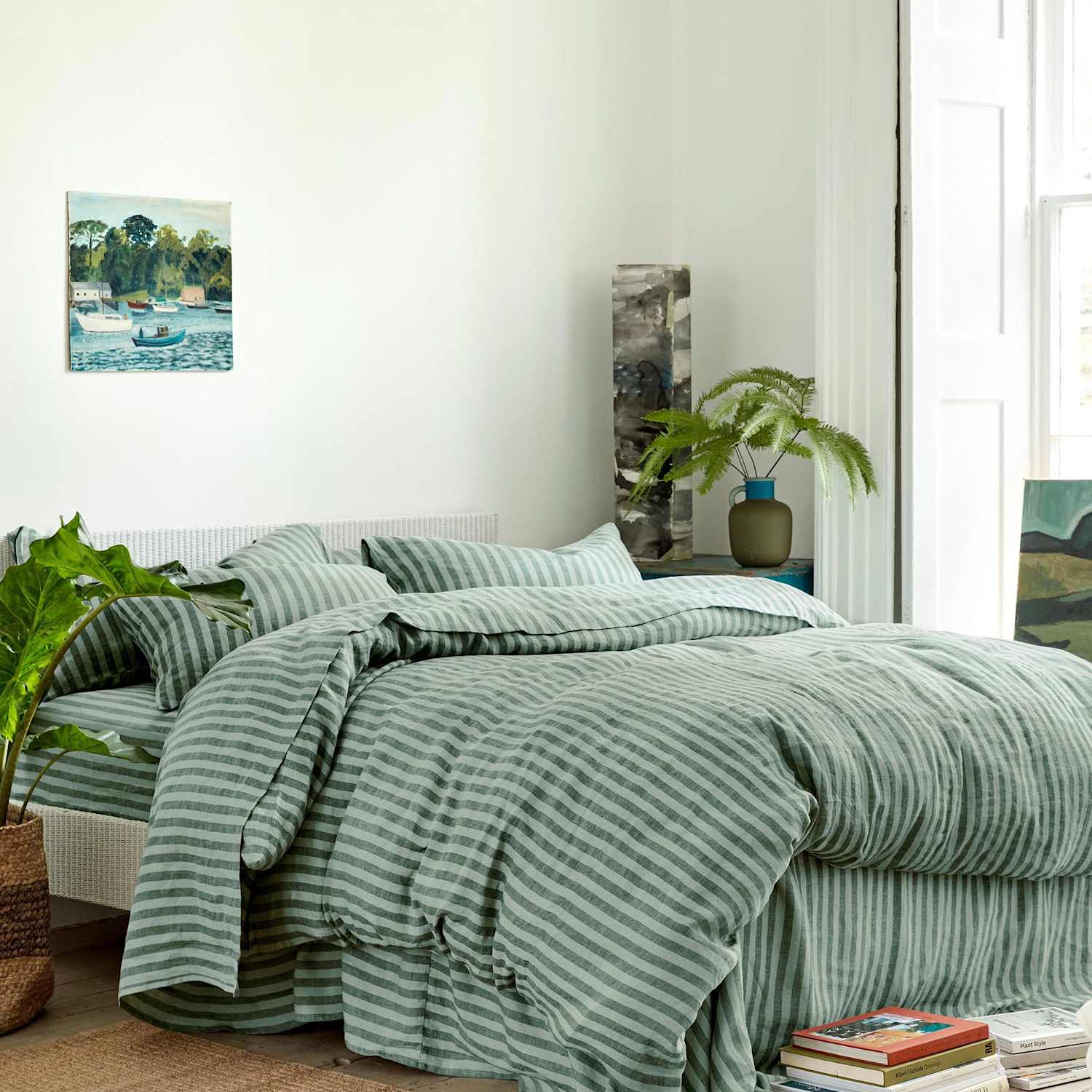 Piglet In Bed Pure Linen Pembroke Stripe Duvet Cover - Super King Size (6 ft) - Green Mix - Available at M&S