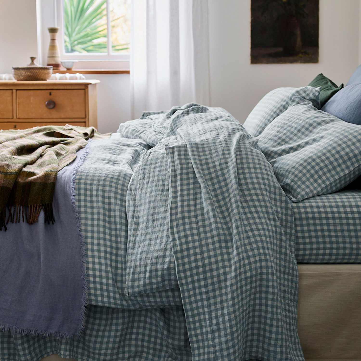 Piglet In Bed Linen Rich Gingham Flat Sheet - Super King Size (6 ft) - Light Blue Mix - Available at M&S
