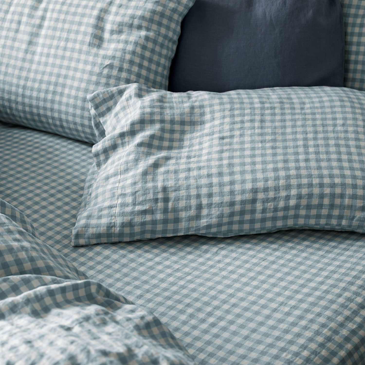 Piglet In Bed Pure Linen Gingham Fitted Sheet - Single (3 ft) - Light Blue Mix - Available at M&S