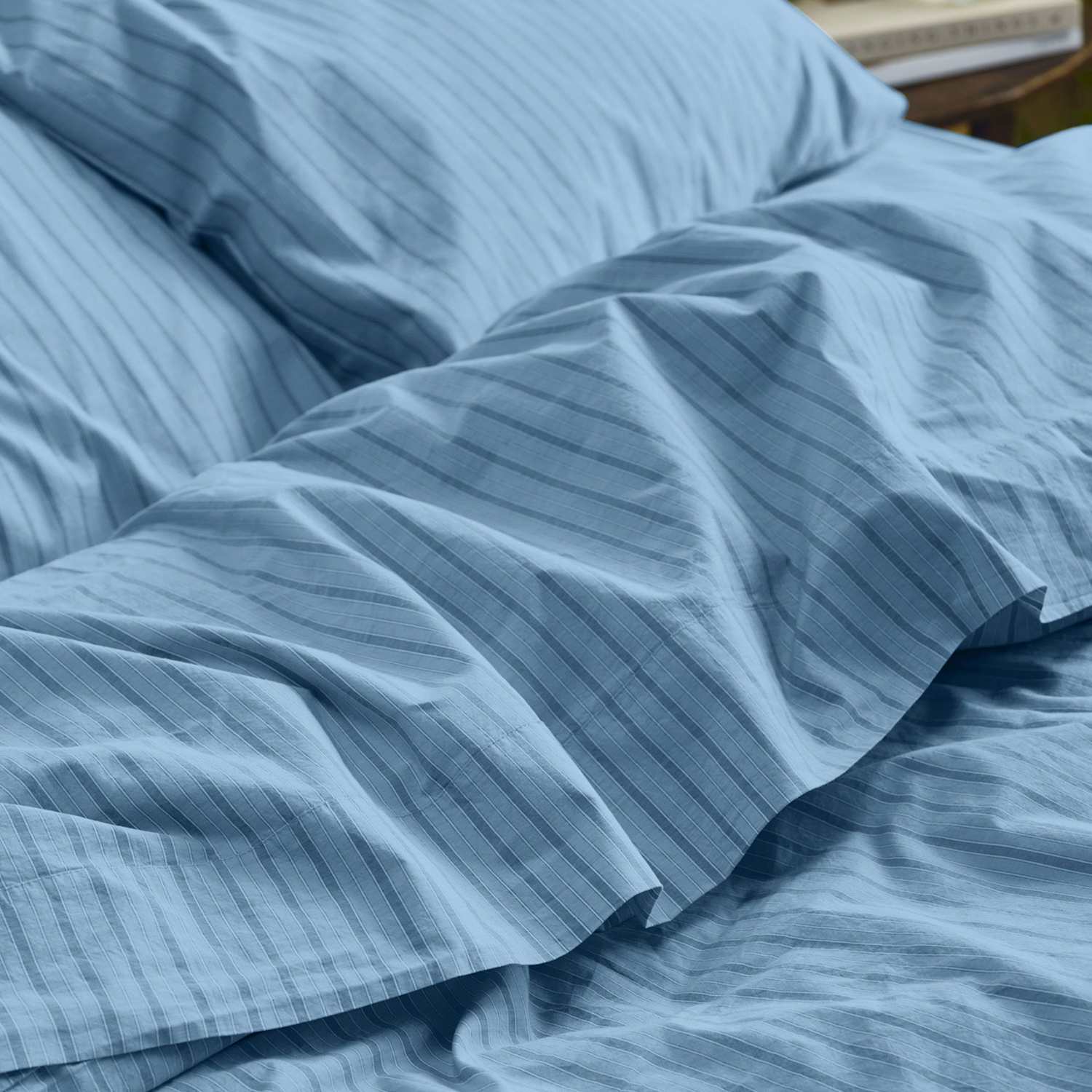 Piglet In Bed Washed Cotton Striped Flat Sheet - King Size (5 ft) - Blue Mix - Available at M&S