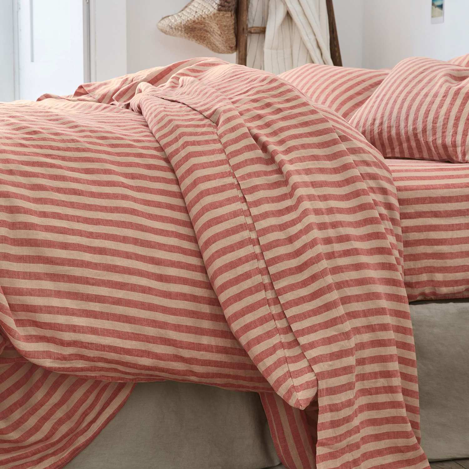 Piglet In Bed Linen Rich Striped Flat Sheet - Double (4 ft 6) - Red Mix - Available at M&S