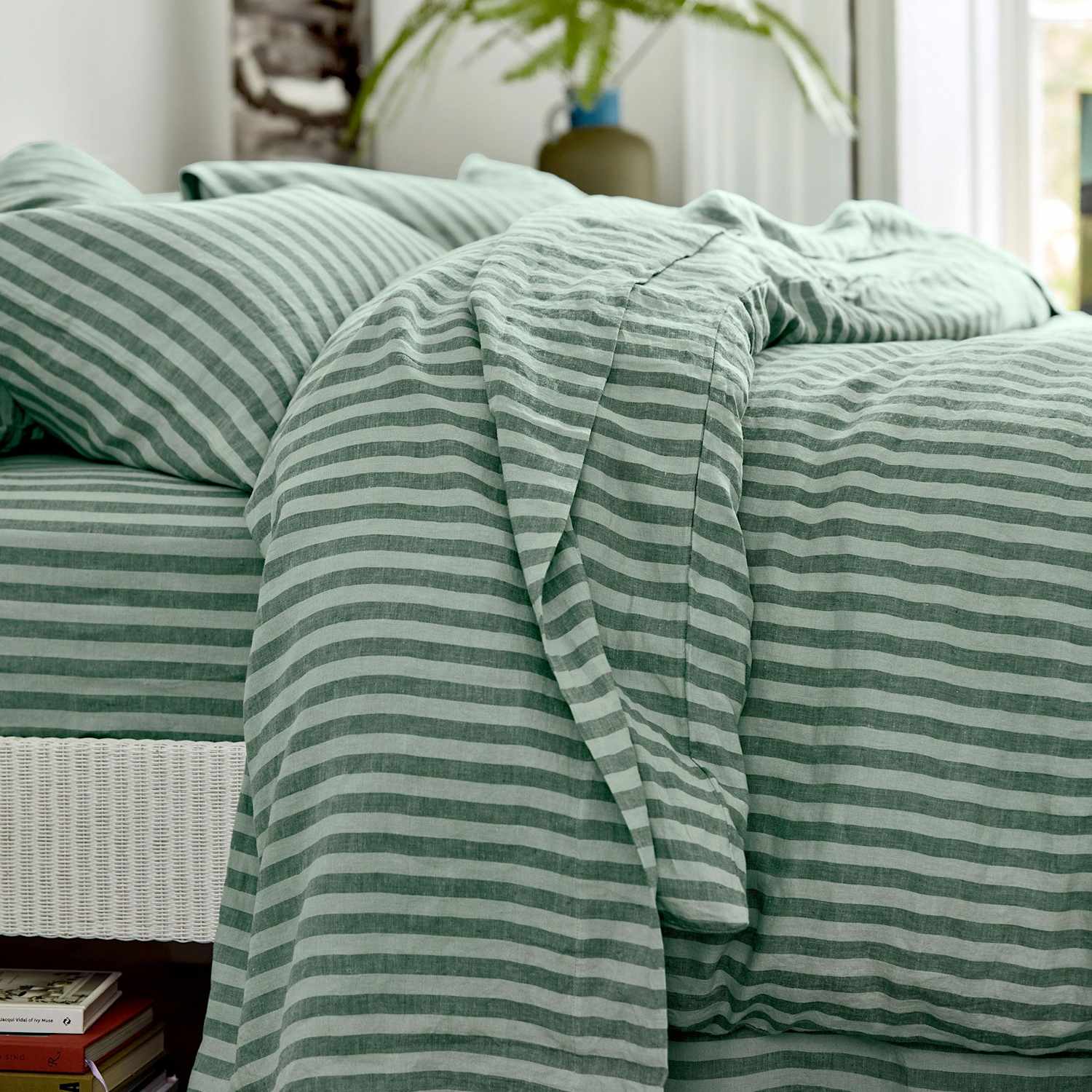Piglet In Bed Pure Linen Striped Flat Sheet - King Size (5 ft) - Green Mix - Available at M&S